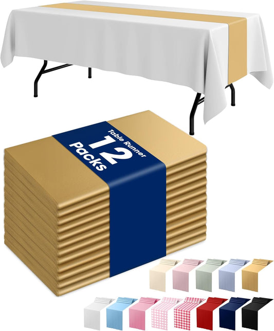 Gold Plastic Table Runners - 12 Pack, 14'' X 108'', Water Resistant & Disposable Centerpiece Decorations for Table Cloth, Wedding, Birthday, Holiday, Baby Shower, Party, Home Decor