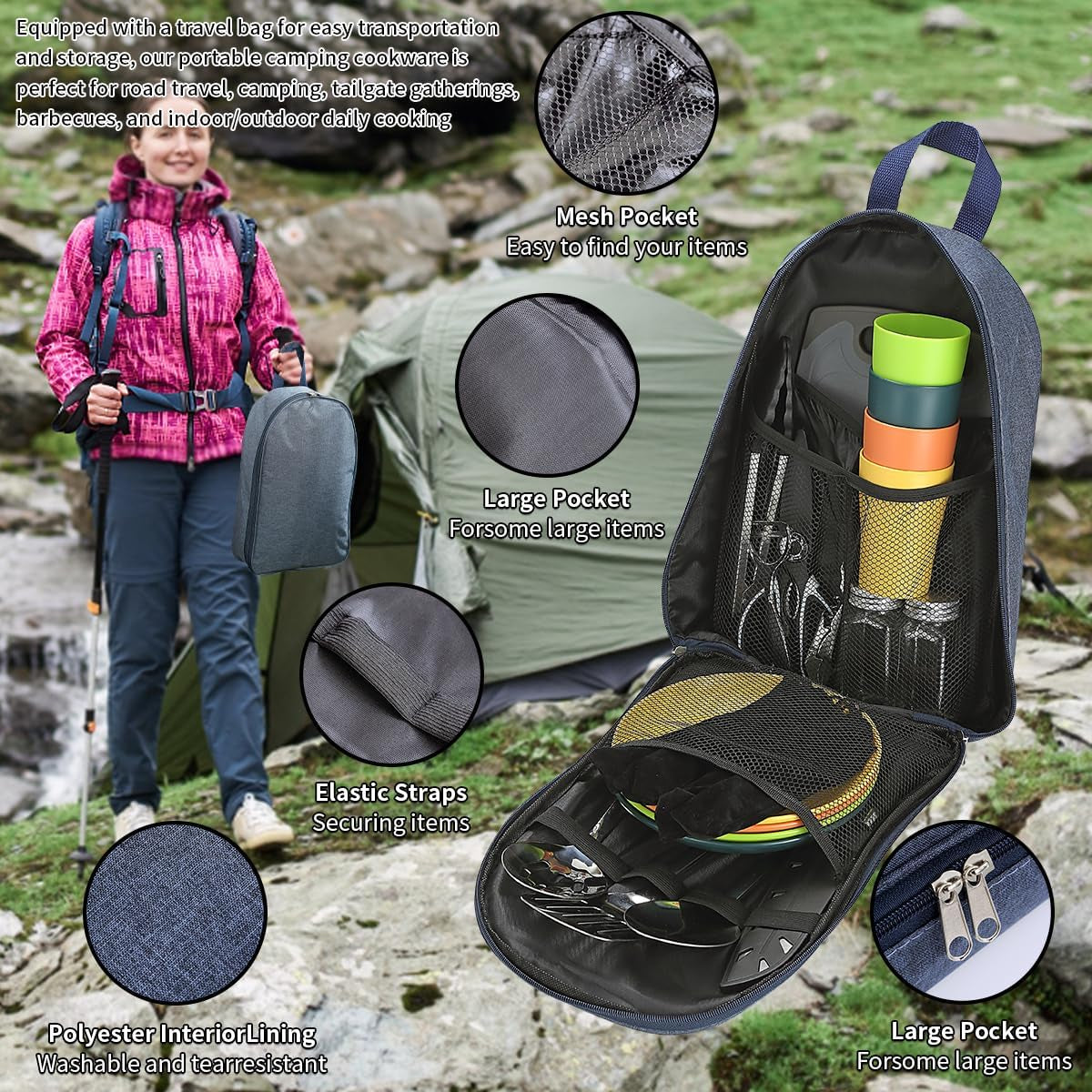 Camping Essentials: Comprehensive Cooking Utensils Set with Silverware, Plates, and Cups for Outdoor Activities, Picnics, and BBQs