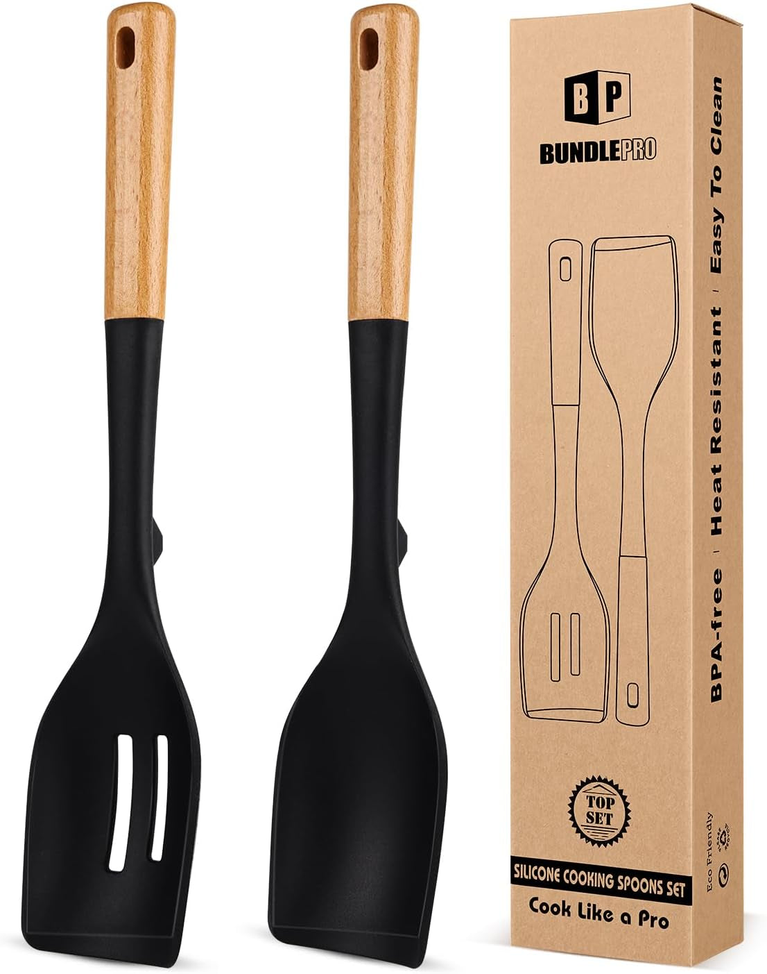 Pack of 2 Large Silicone Cooking Spoons, Heat Resistant Non Stick Kitchen Utensils with Wooden Handle, Ideal for Mixing, Stirring, Serving, Cooking(Black)