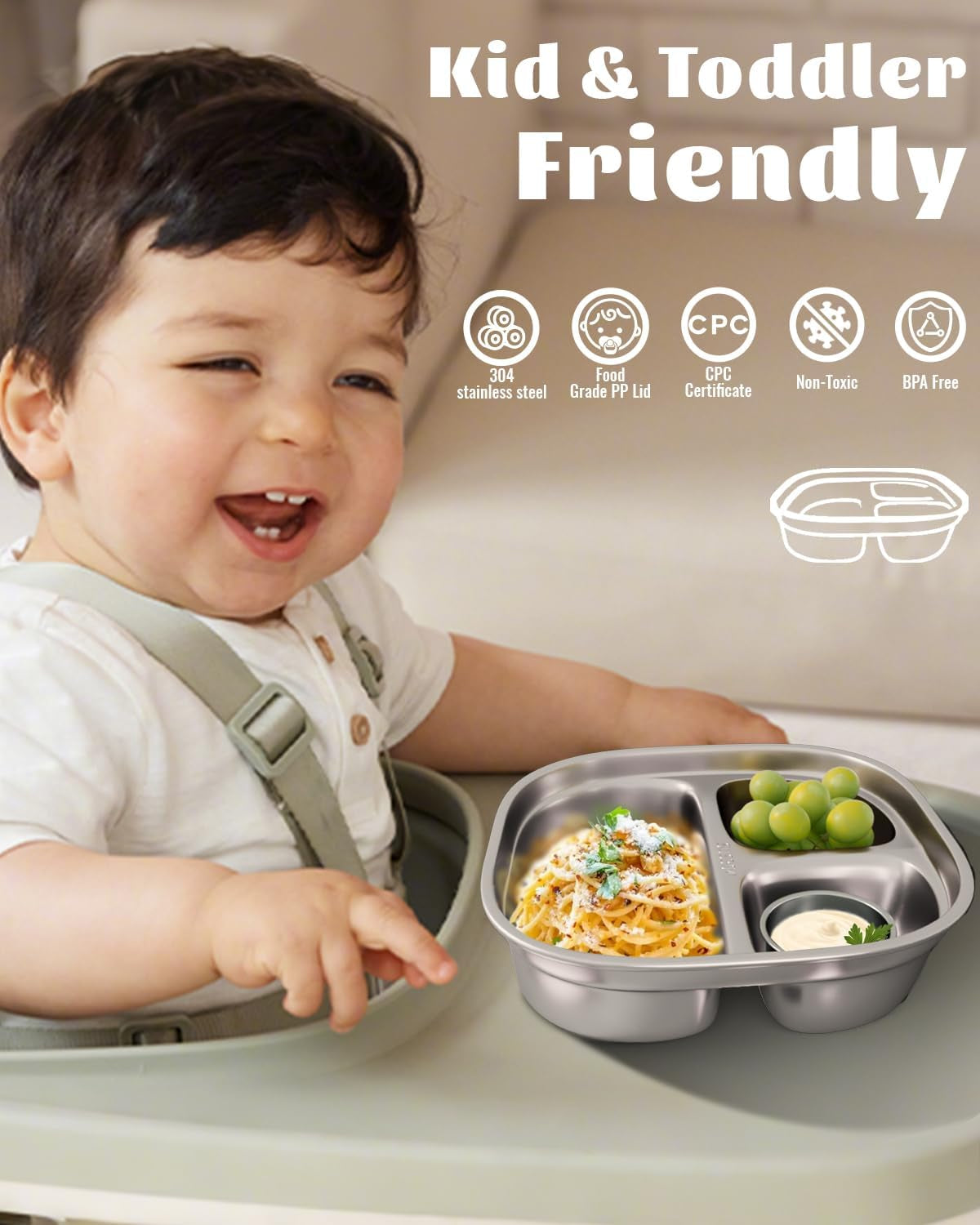 Stainless Steel Kids Plates, Divided Toddler Plate with Lids, 4 Pack 3 Sections Metal Snack Plate Tray, Non Toxic & BPA Free