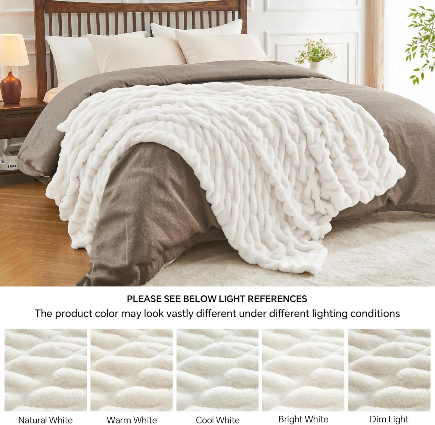 Faux Fur Throw Blanket for Couch, Soft and Cozy Boho Ruched Fluffy Blanket, Warm Plush Fuzzy Faux Rabbit Fur Blanket for Women Gift (Cream, 50"X 60")