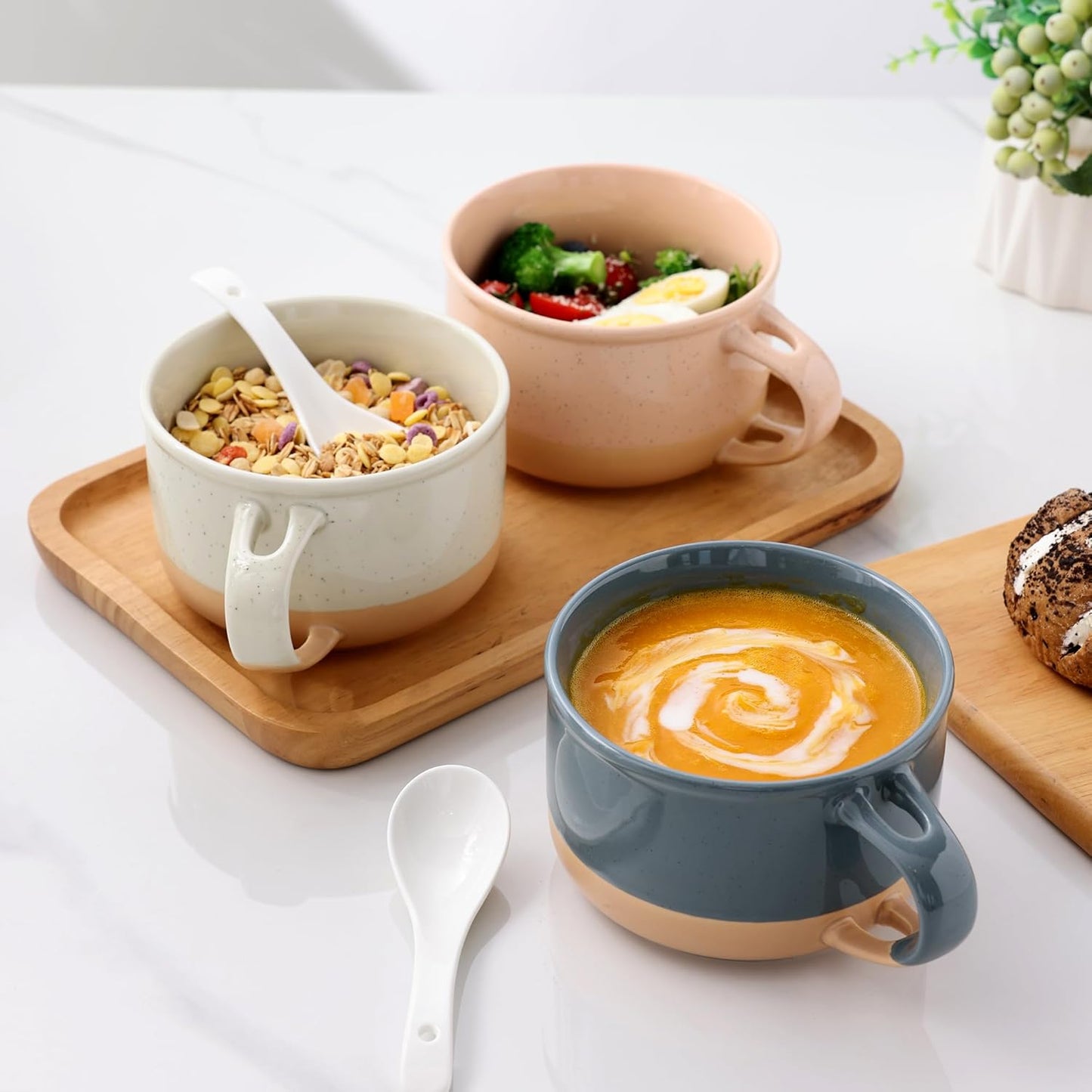 Ceramic Soup Mugs Set of 4 with Handles and Lids, 24 OZ Capacity, Terracotta Underside, Includes Spoons for Soup, Cereal, Salad, Noodles, and Ramen, Microwave and Dishwasher Safe - Colorful Design