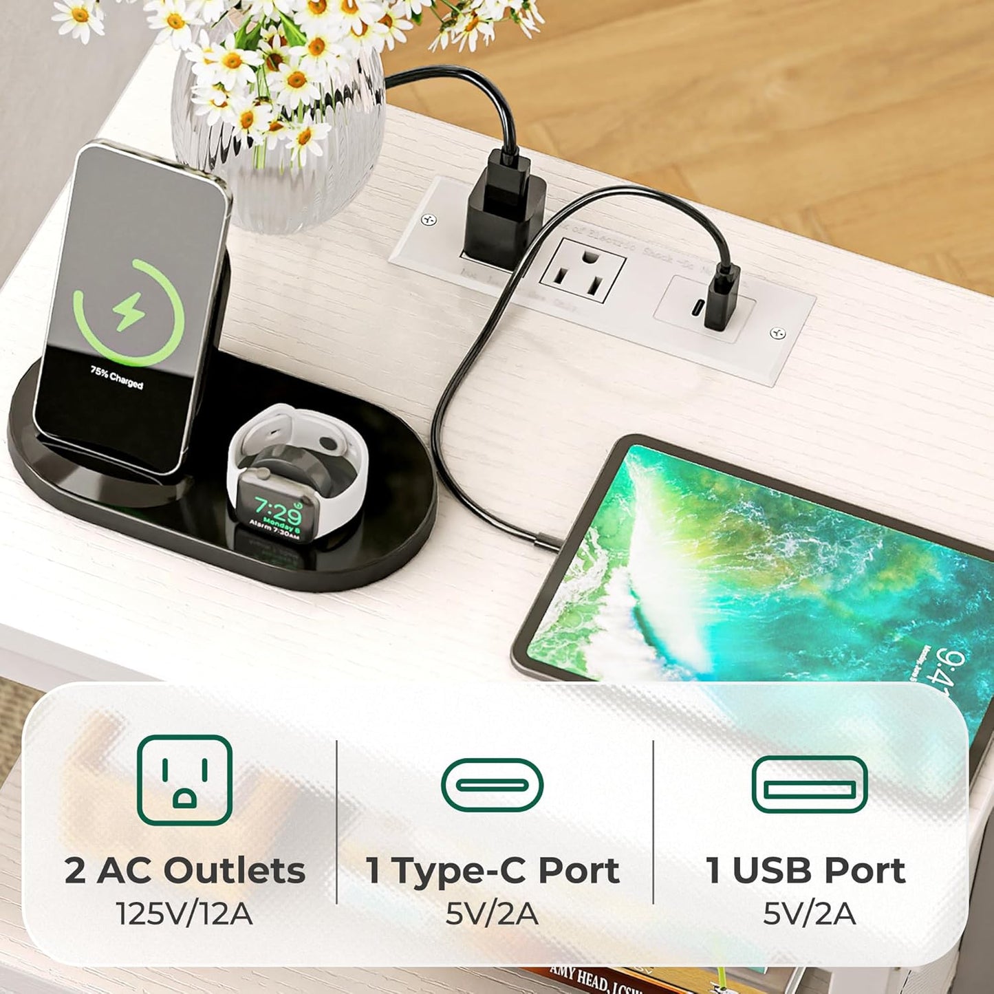 Elegant Nightstand with Integrated Charging Station, Fabric Drawers, Open Shelf, USB Ports, and Outlets - White Finish