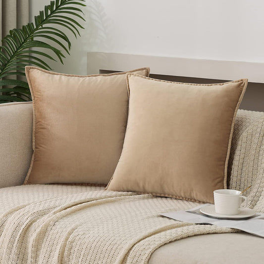 Velvet Khaki Throw Pillow Covers Pack of 2 Spring Decorative Soft for Couch Sofa Bed Livingroom Office 18×18 Inches