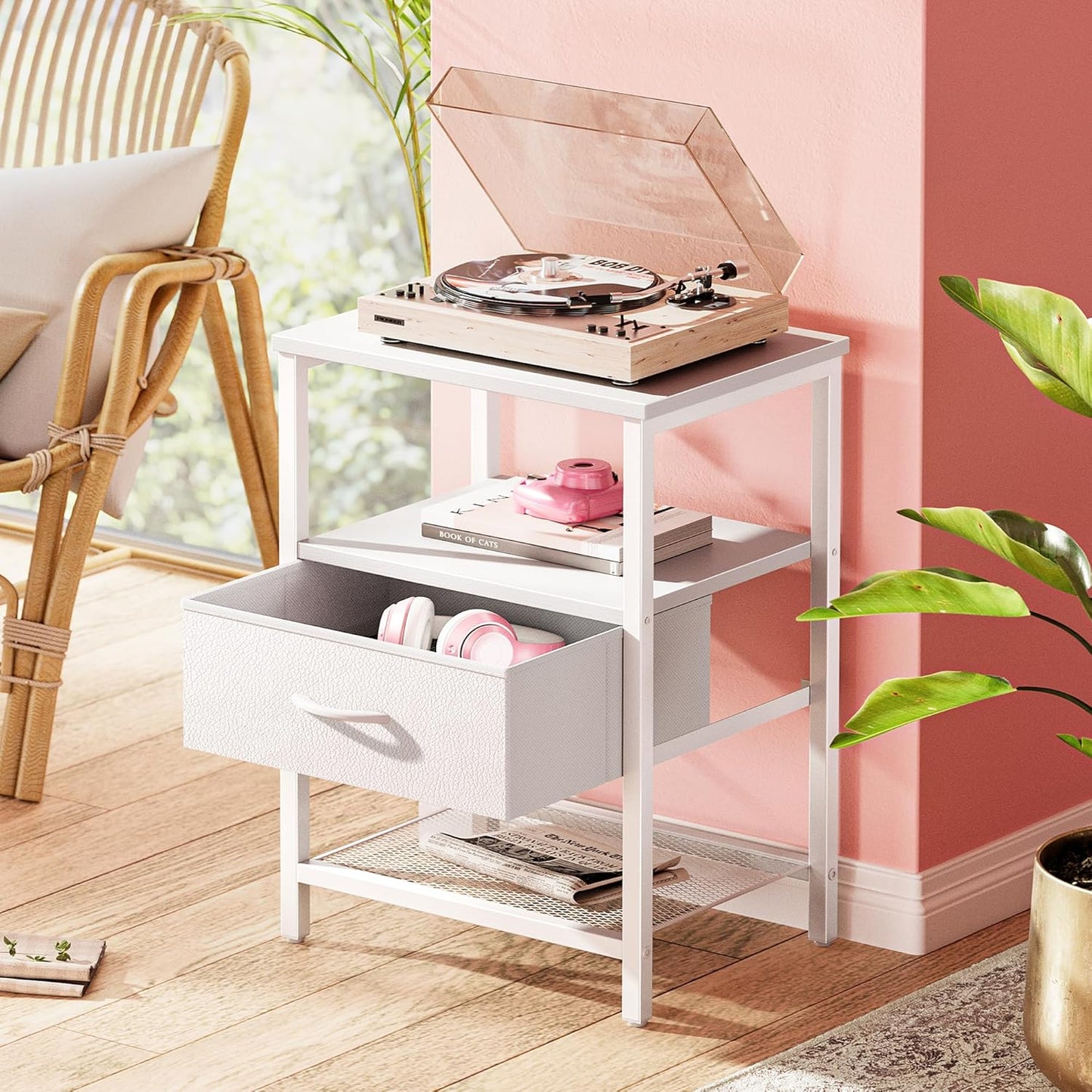 Fabric Drawer Nightstand with Mesh Shelf and Metal Frame, White