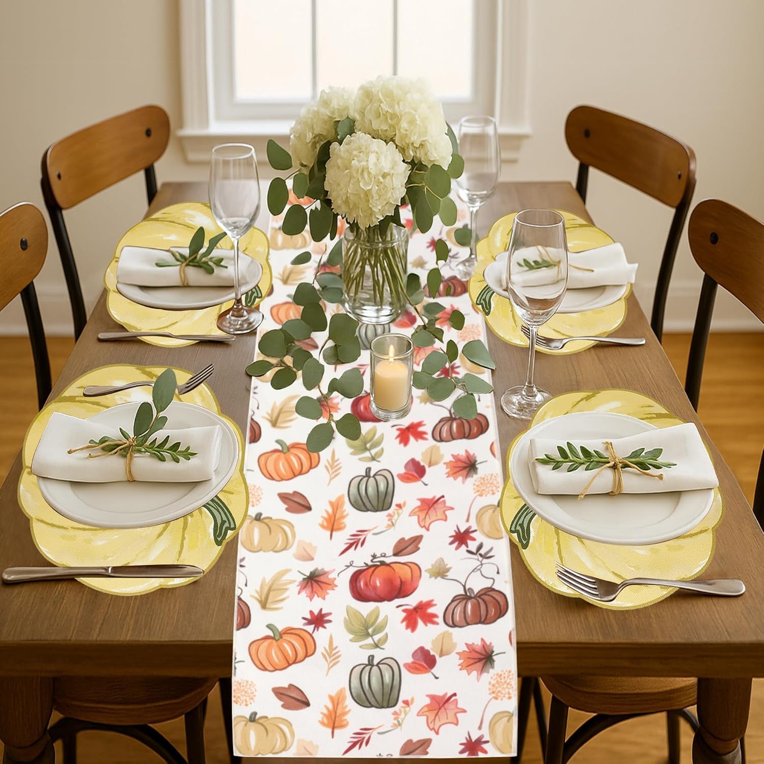 Fall Placemats Set of 4, Autumn Printed Pumpkin Textured Fabric Place Mats for Kitchen Dining Table,Thanksgiving Harvest Halloween Holiday Decor Placemat, Water-Proof, Washable, Each 13" X 15"