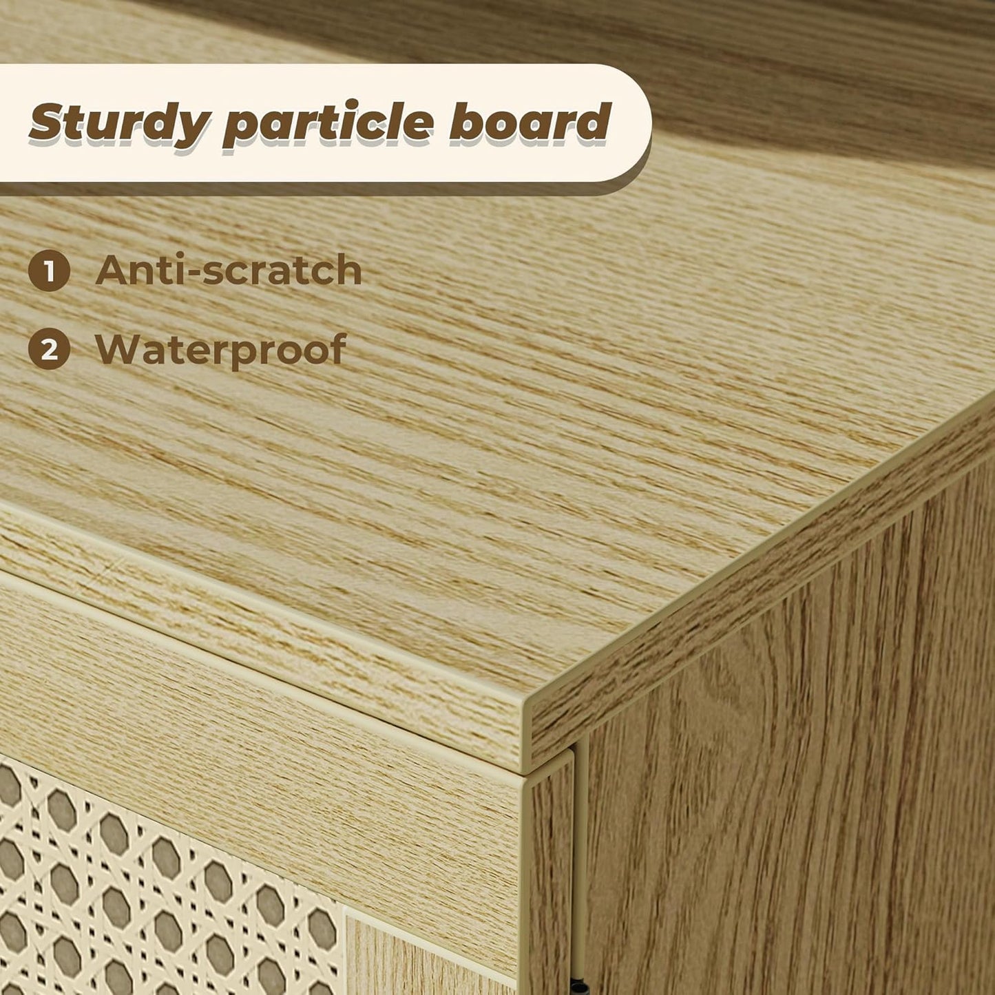 Bohemian-Style TV Stand for 65-Inch TVs, Adjustable Shelf Entertainment Center with Rattan Design, Dual Cabinets, Solid Wood Legs, Media Console with 4 Cord Management Holes - Natural Finish