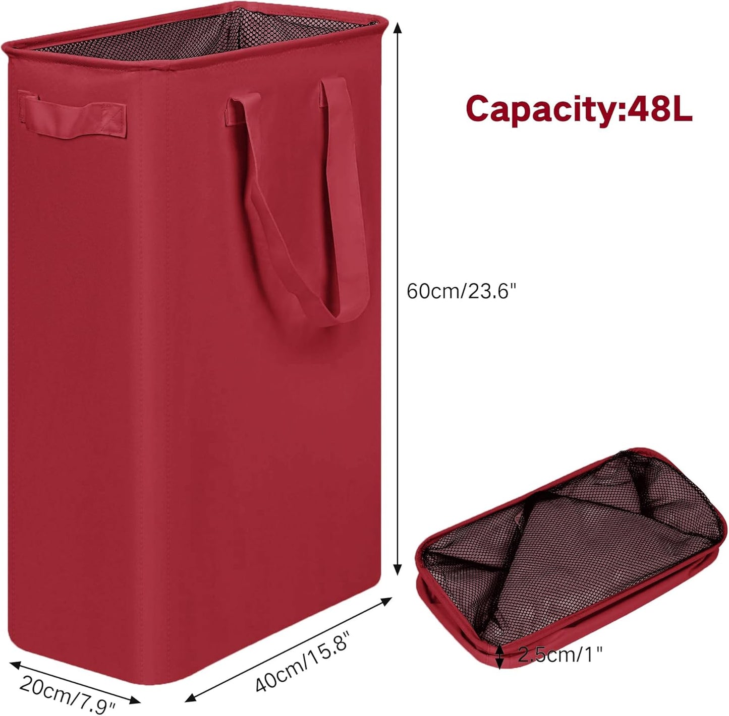 Slim Laundry Basket, Narrow Laundry Hamper with Handles, Collapsible Dirty Clothes Hamper, Tall Laundry Bin for Laundry Room, Dorm and Bedroom, 48L (12.7 Gallon) Burgundy Red