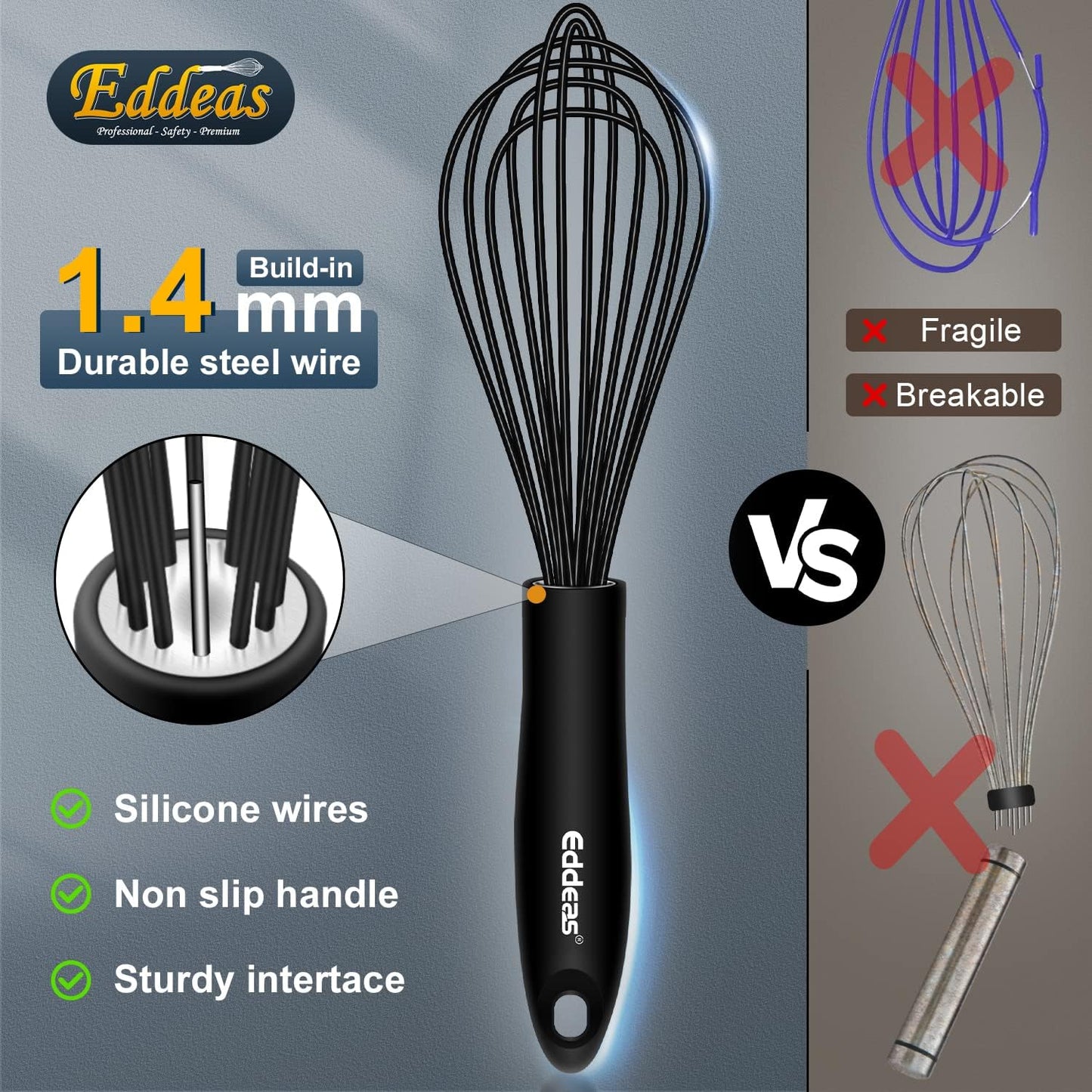 Silicone Whisk, Stainless Steel & Silicone Non-Stick Coated Whisks Set of 3-Heat Resistant Kitchen Whisks, Balloon Egg Beater Perfect for Blending, Whisking, Beating & Stirring, Black