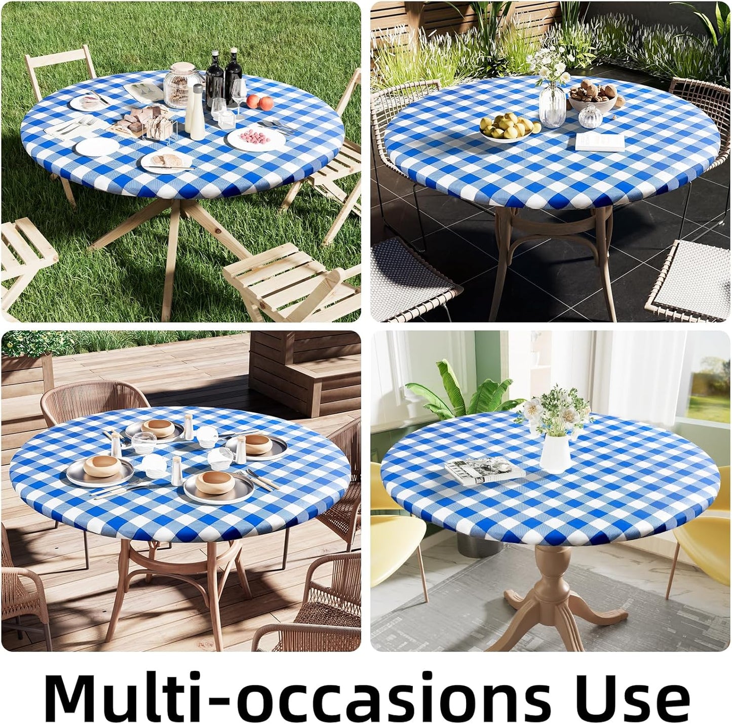 round Picnic Tablecloth, Elastic Waterproof Fitted Vinyl Tablecloths for 36"-44" Tables, Flannel Backed Buffalo Plaid Table Cover for Dining, Camping, Outdoor, White and Blue