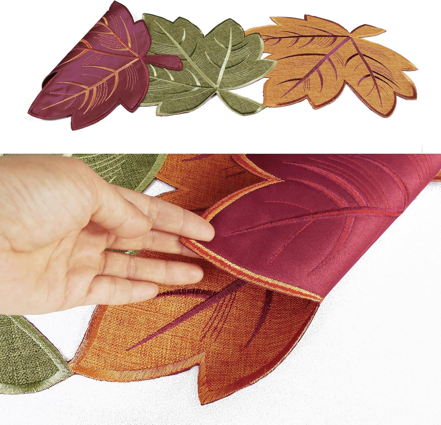 Thanksgiving Leaves Table Runners, Fall Decor for Home, 13 Inch X 36 Inch, Embroidered Harvest Maple Leaf Decoration for Autumn, Farmhouse Centerpieces with Applique Red Green Orange Leaves
