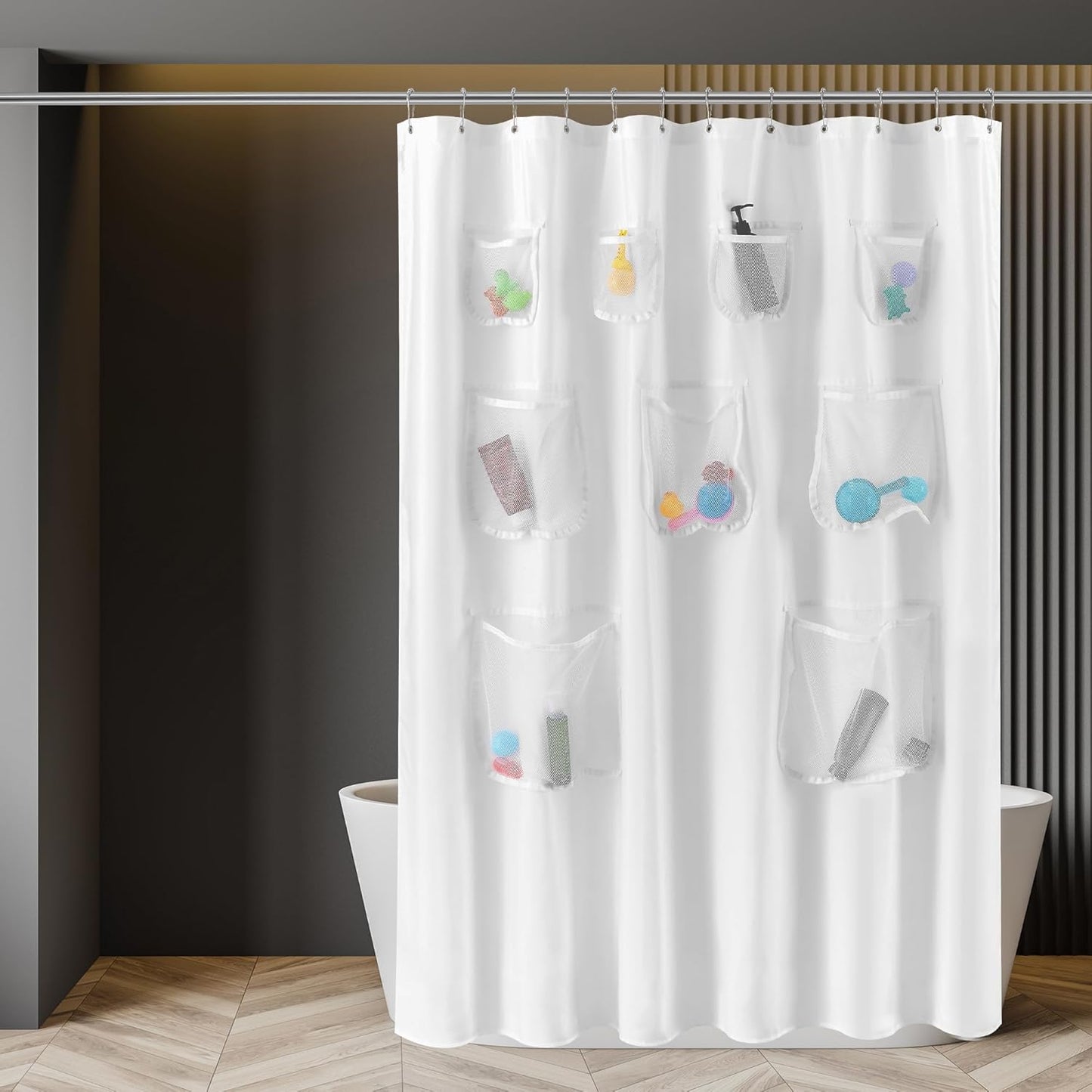 Water Repellent Fabric Shower Curtain or Liner with 9 Mesh Pockets - White, 71X72 Inches