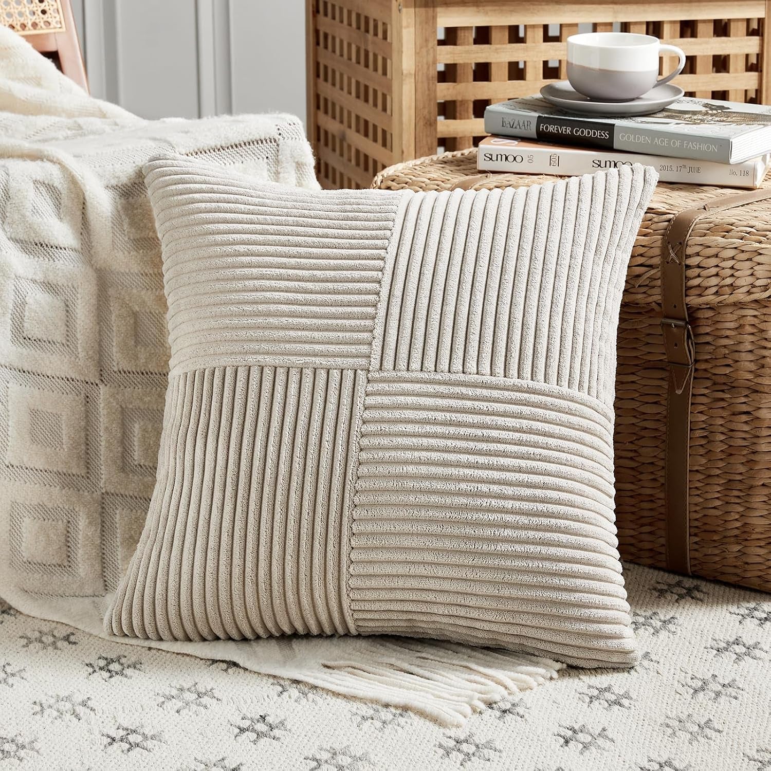 2 Packs Neutral Taupe Decorative Throw Pillow Covers 18X18 Inch for Living Room Couch Sofa, Rustic Farmhouse Boho Home Decor, Soft Corss Corduroy Patchwork Textured Square Cushion Case 45Cm