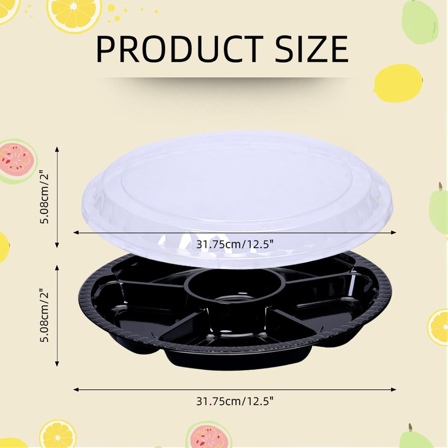 10 Pcs Plastic Appetizer Serving Tray with Lid round 12.5 Inch with Lid Disposable Serving Fruit Veggie Catering Tray with 6 Divided Compartment for Fruit Snack Veggie Party