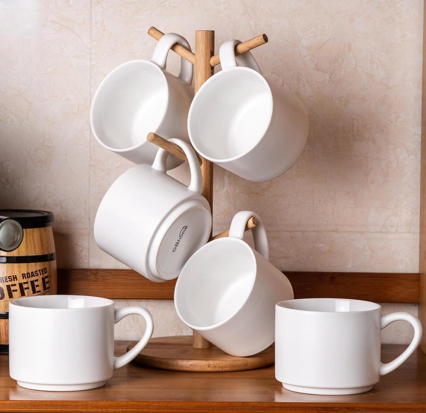 14 oz Stackable Ceramic Coffee Mug Set of 6, Modern Design for Latte, Tea, and Cappuccino, Dishwasher and Microwave Safe, Matte White Finish