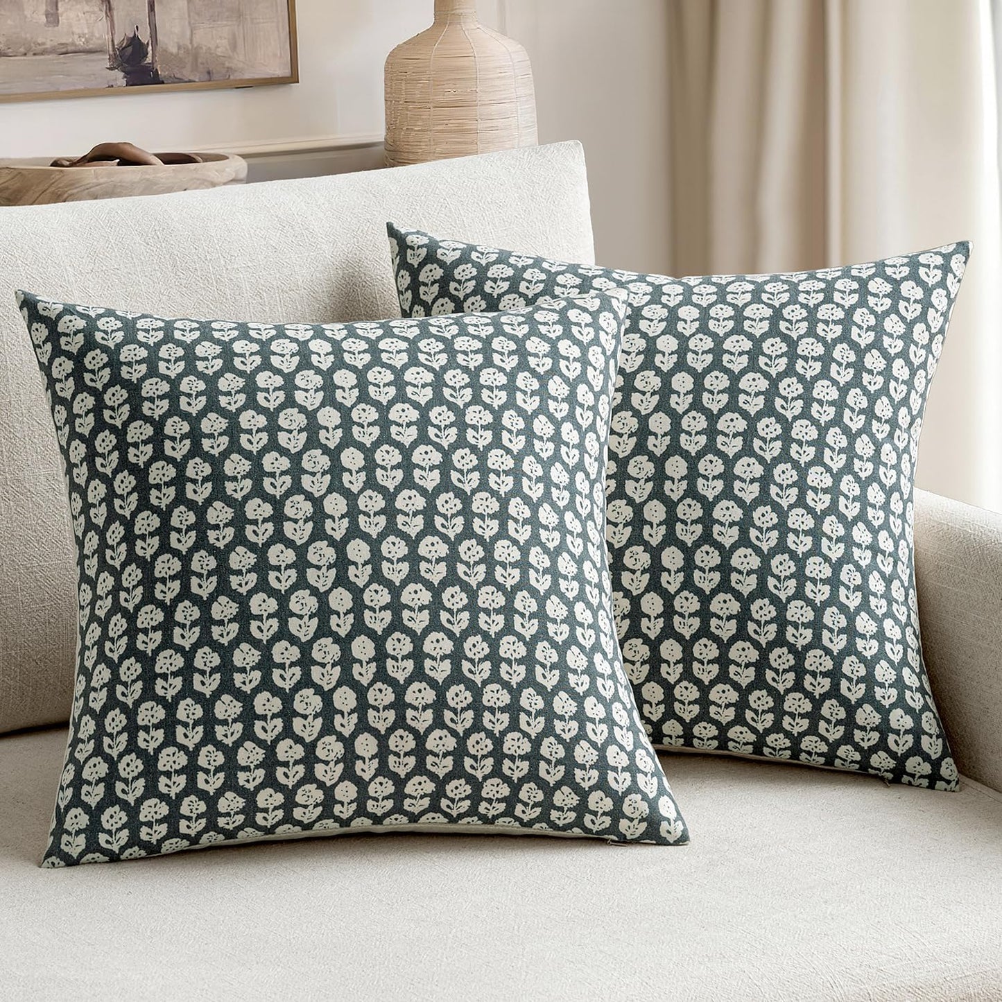 Set of 2 Vintage Floral Block Print Pillow Covers, 20x20 Inch Neutral Linen Cushion Cases for Couch, Sofa, and Chair in Dusty Blue