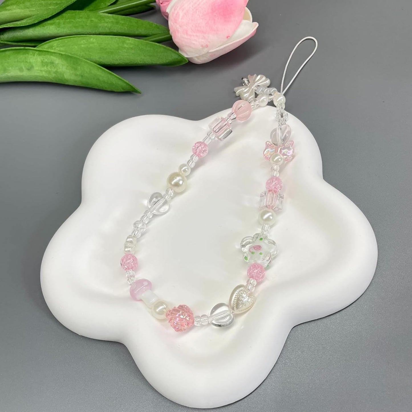 Beaded Camera Wrist Strap Cute Pearl Digital Camera Charm Lanyard, Phone Wristlet Charms, Beaded Camera Chain for Phone, Bag, Keychain Accessories (Bow&Flower)