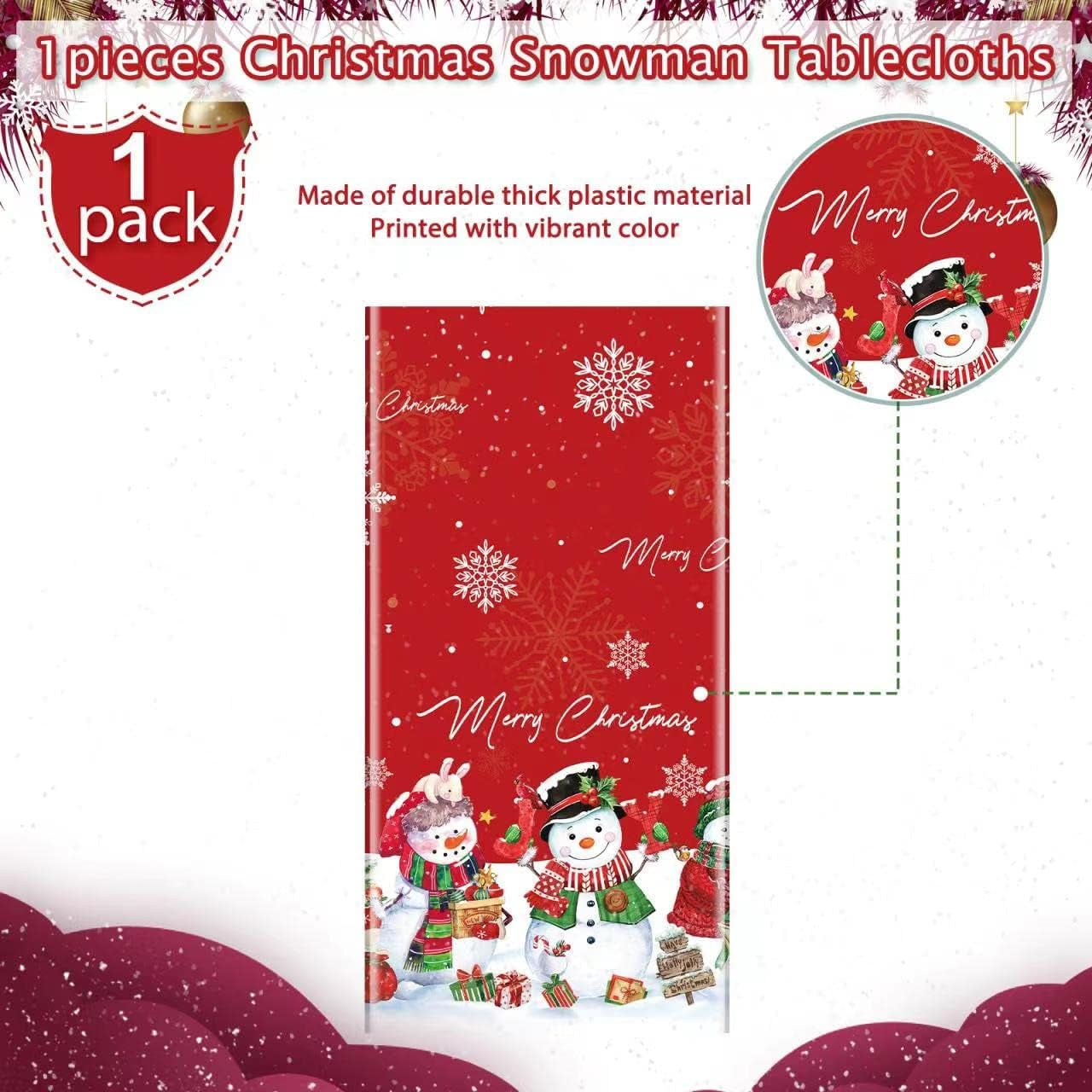 1Pcs Christmas Snowman Tablecloth,Plastic Christmas Snowman Snowflake Winter Table Cover with Xmas Tree for Winter Holiday Themed Party Decorations and Supplies,54X 108Inch(Red)