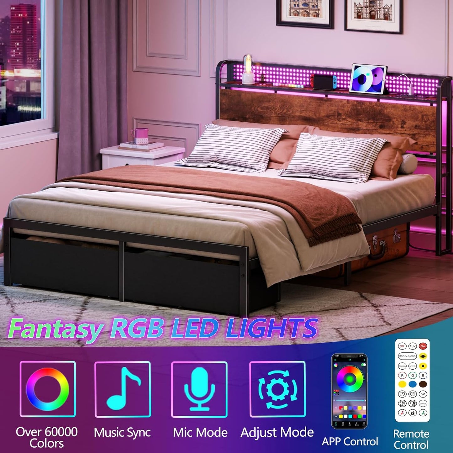 Queen Size Platform Bed Frame with Headboard, Integrated Storage Drawers, Charging Station, LED Lighting, No Box Spring Required, Noise-Free Design