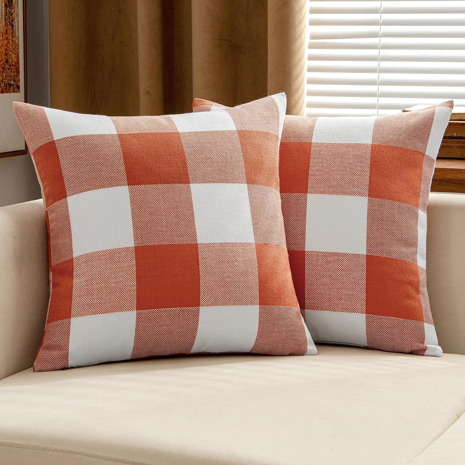 Fall Throw Pillow Covers Pack of 2 Decorative Classic Farmhouse Buffalo Check Plaids Polyester Linen Soft Cushion Case for Couch Sofa Bedroom Outdoor 18 X 18 Inch, Burnt Orange