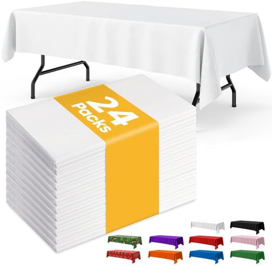 White Plastic Table Cloth - 24 Pack 54" × 108" Rectangle Disposable Tablecloths for 6FT Tables, Waterproof Table Cover for Party, Holiday & Gathering Use