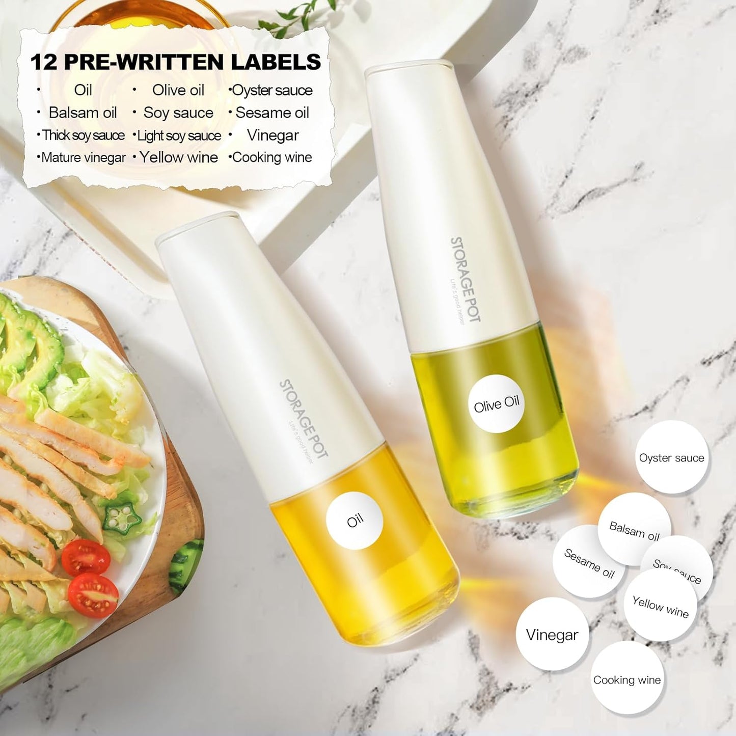 Large Capacity Olive Oil Dispenser - 500ml / 17oz Glass Vinegar Drizzler - Leak-Proof Non-Drip Soy Sauce Pourer with Labels (White)