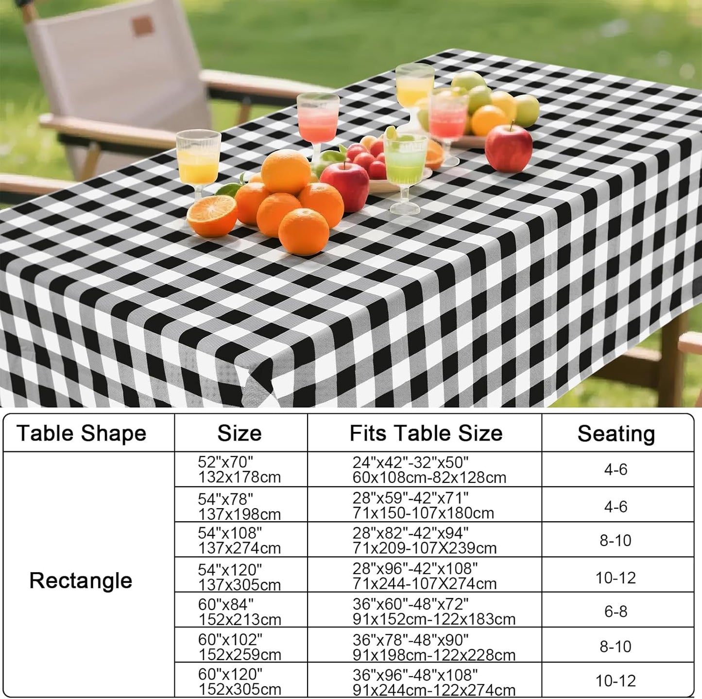 Rectangular Waterproof Vinyl Tablecloth with Flannel Backing, Wipeable Buffalo Plaid Design for Indoor and Outdoor Dining (Black & White, 60" x 84")