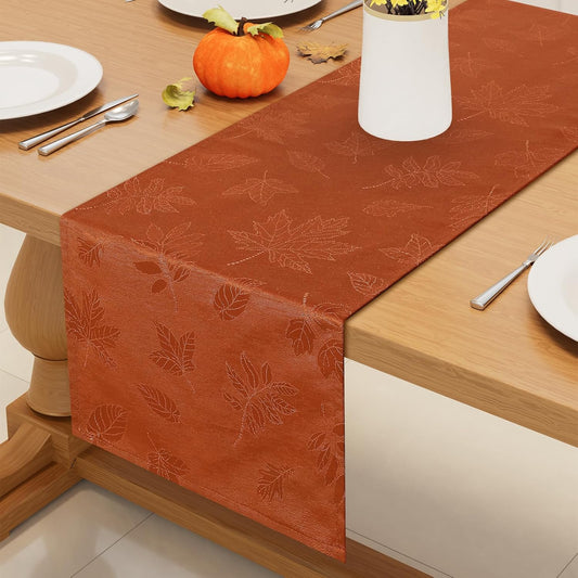 Fall Table Runner - 13X72 Inch Autumn Leaves Damask for Harvest Parties and Thanksgiving Dinner, Rust