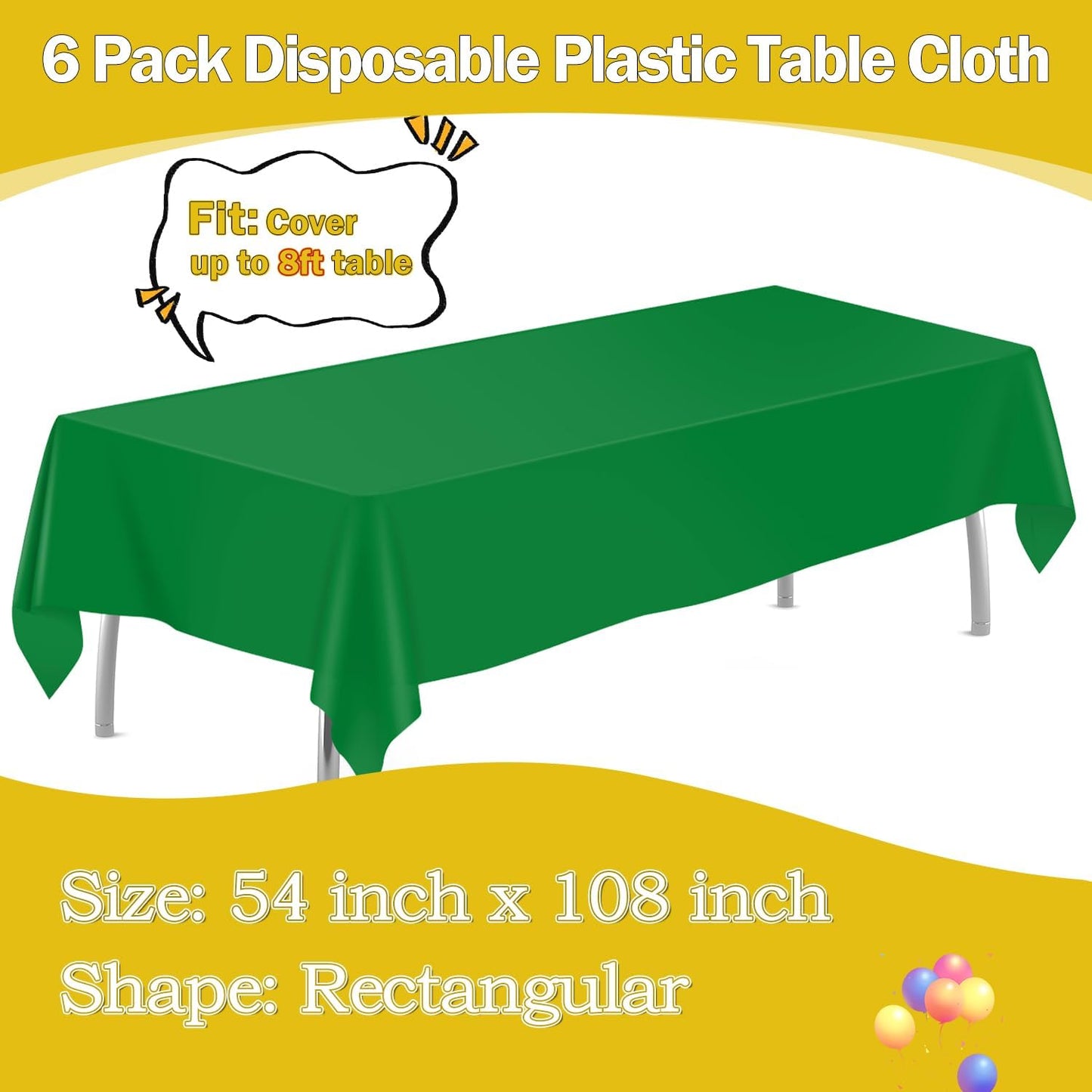 Green 6 Pack Plastic Table Cloth 54" X 108", Disposable Tablecloths Rectangle Table Cover, Plastic Tablecloth for Parties
