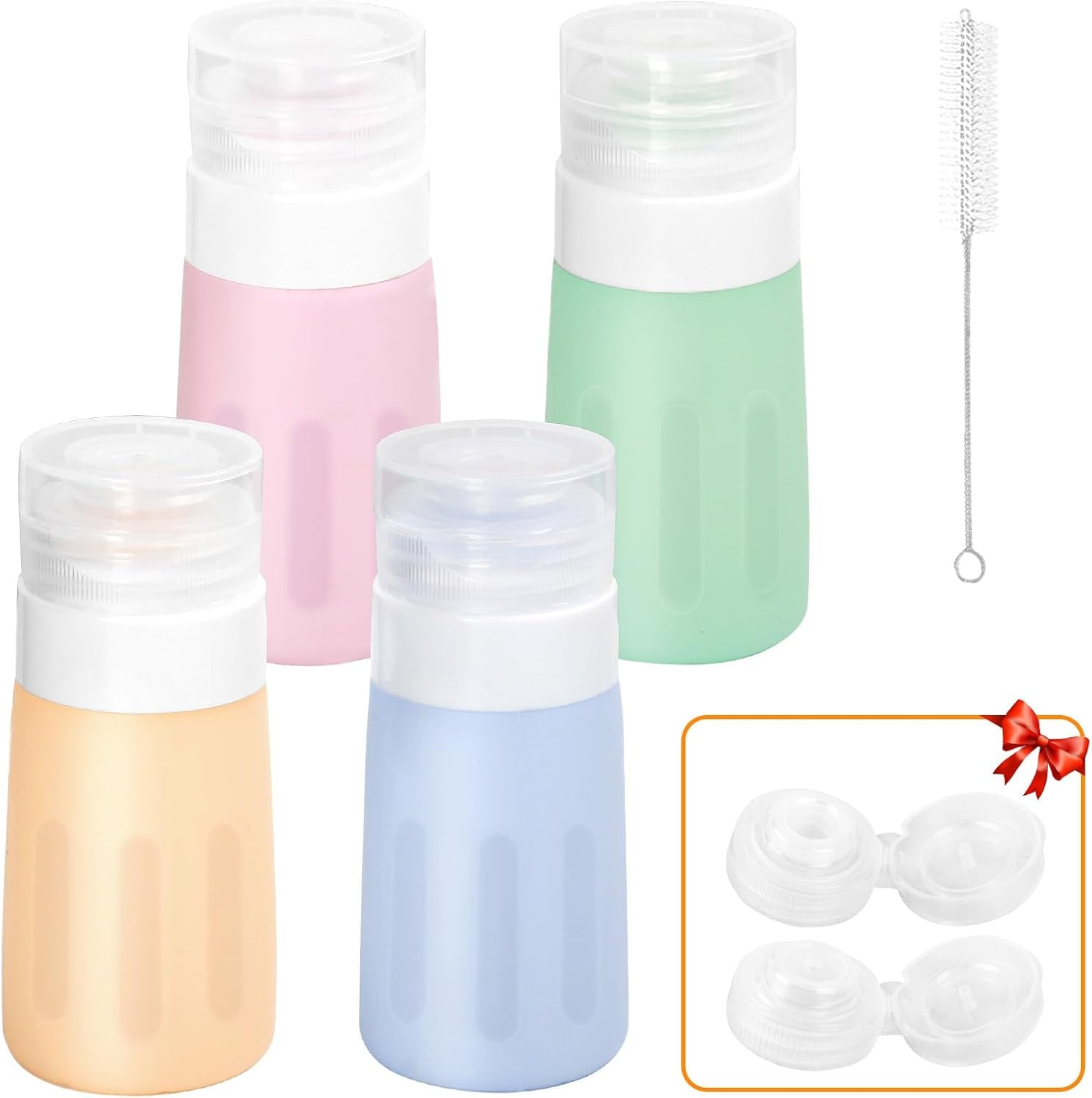 4Pcs Condiment Squeeze Bottles for Sauces, Leakproof Salad Dressing Container to Go, Small Silicone Squeeze Bottles with Brush, Condiment Containers Dispenser for Ketchup Hot Sauce Lunch Travel, 2 Oz
