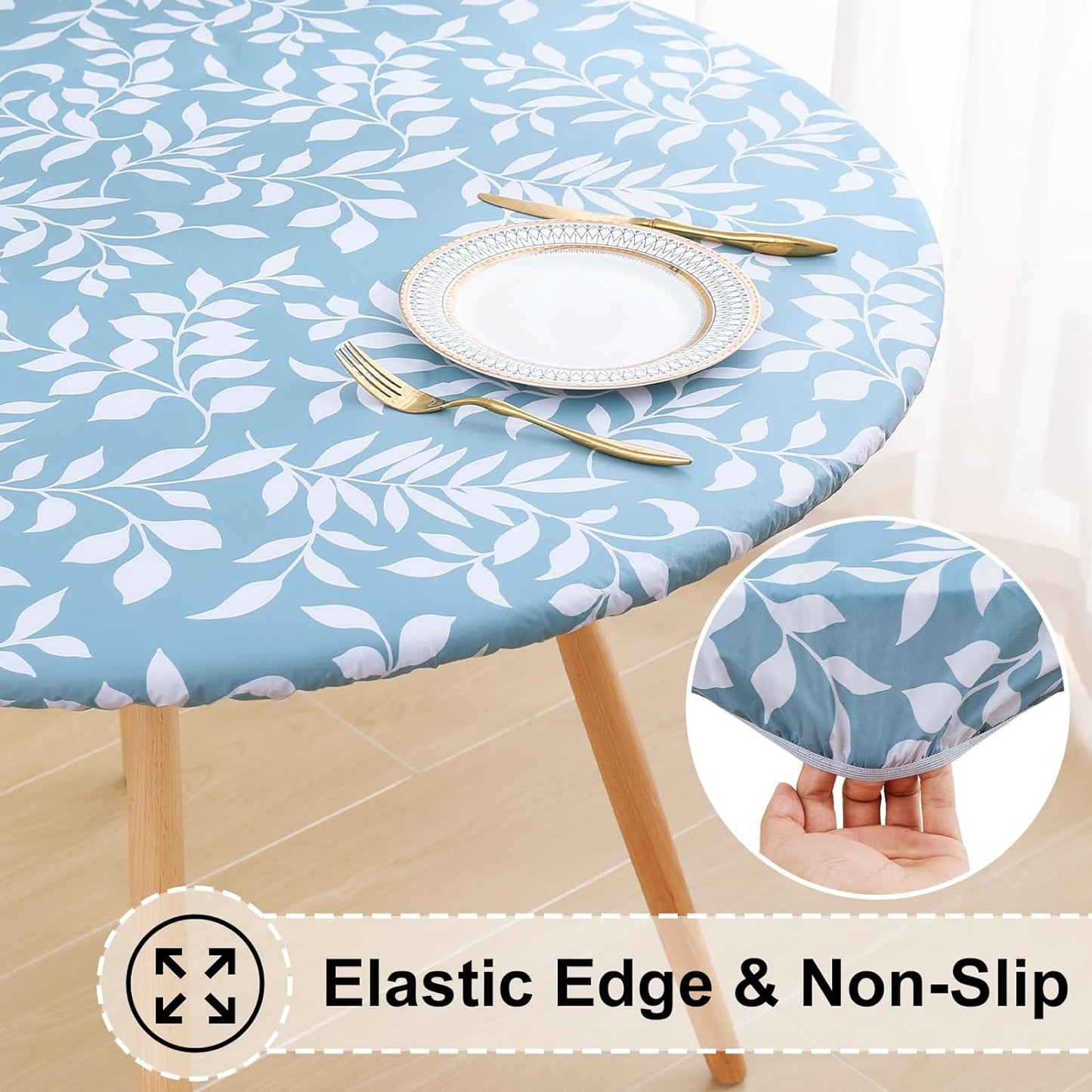 round Fitted Tablecloth with Elastic Edge, 100% Waterproof Oil Proof Plastic Table Cover, Vinyl Flannel Backed Tablecloth Fits 36"-44" round Tables for Dinner, Outdoor, Picnic, Blue Leaves