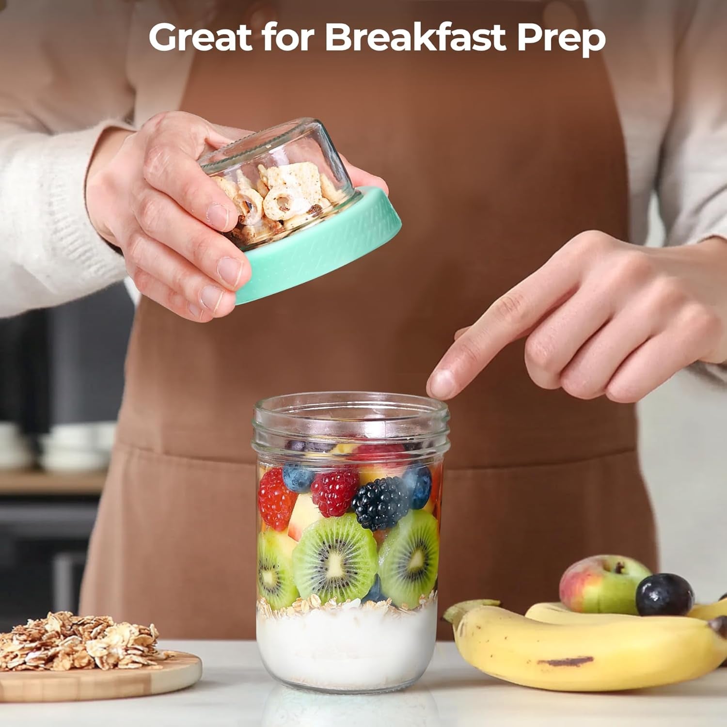 16Oz 1PCS Pink Overnight Oats Containers with Lids, Glass Yogurt Parfait Cups for Cereal Nut Fruit, Dual-Layer Chia Pudding Jars with Dry and Wet Separation, Meal Prep, Glass for Salad Oatmeal