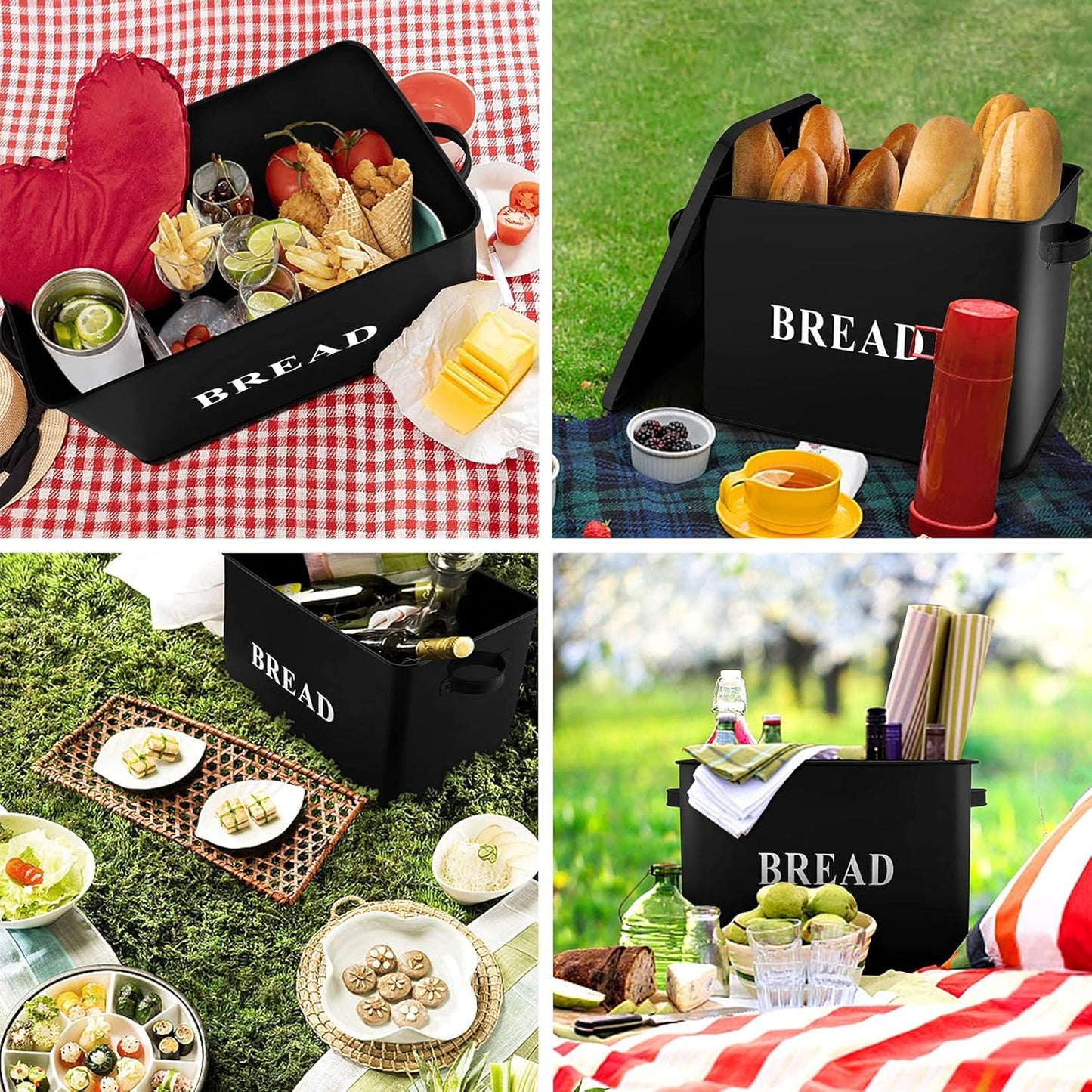 Extra Large Bread Box with Lid, Metal Bread Storage Container for Farmhouse Kitchen Countertop, 13.1” X 11.81” X 7.2” Inches for Holding 2+ Loaves, Indoor & Outdoor Use, Black