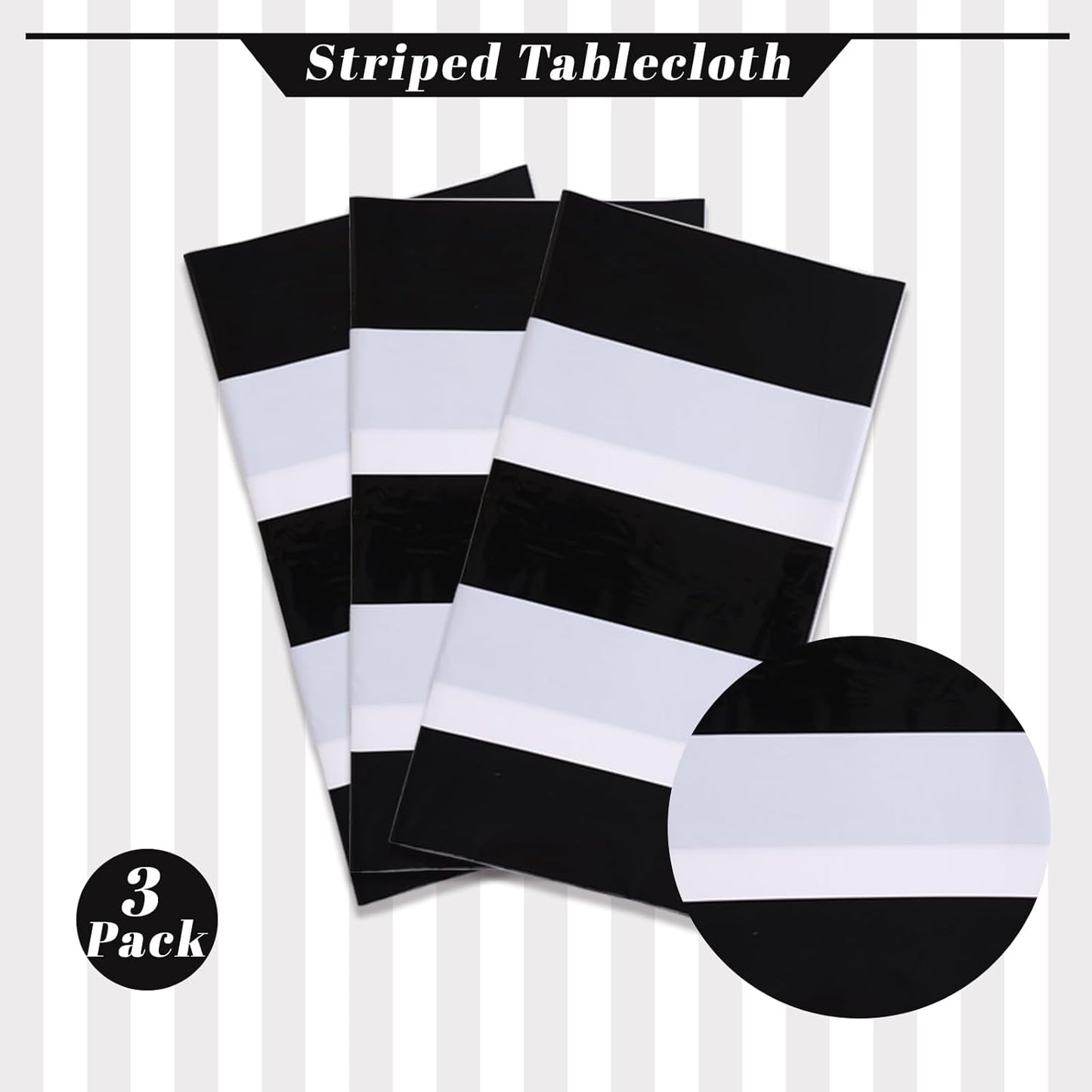 3 Packs Black and White Vertical Striped Tablecloth 54 X 108 Inch Geometric Black Stripe Table Cloths Disposable Plastic Stripe Table Covers Waterproof Picnic Tablecover for Camping Party