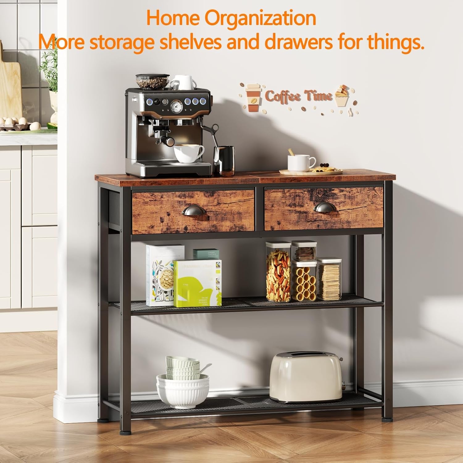 Console Sofa Table with Storage Shelf for Entry Way, Small 30'' Entryway Table with 2 Fabric Drawers, Industrial Display Shelves for Hallway, Entrance, Foyer, Rustic Brown