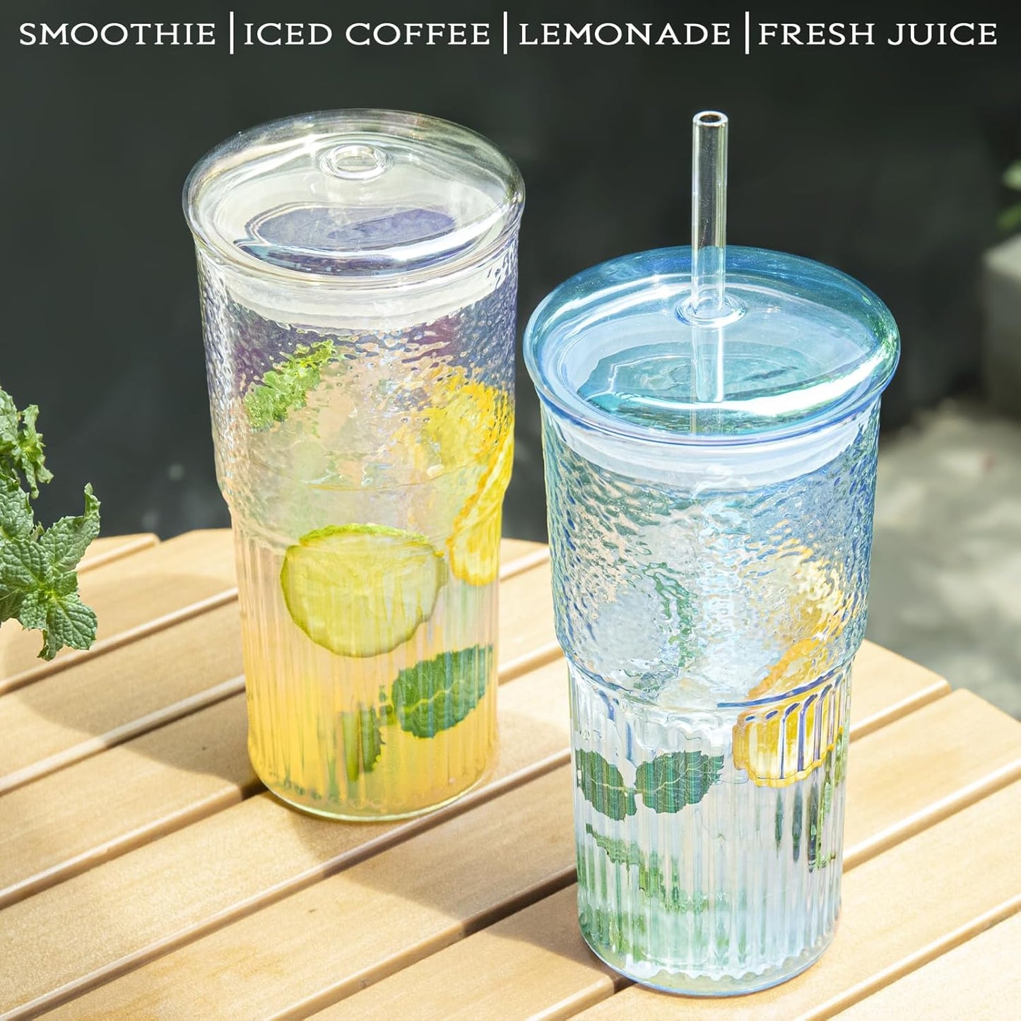 20Oz Glass Cups with Lids and Straws, 2 Pack High Borosilicate Iced Coffee Cups Drinking Glasses Tumbler for Smoothie, Water, Tea, Juice Drinks, Shimmering Blue