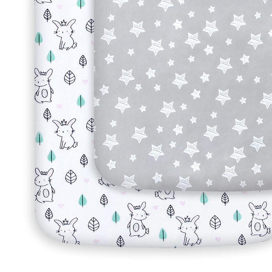 Pack and Play Sheets, 2 Pack Mini Crib Sheets, Stretchy Playard Fitted Sheet, Compatible with Graco Pack N Play, Soft and Breathable Material, Stars & Bunny