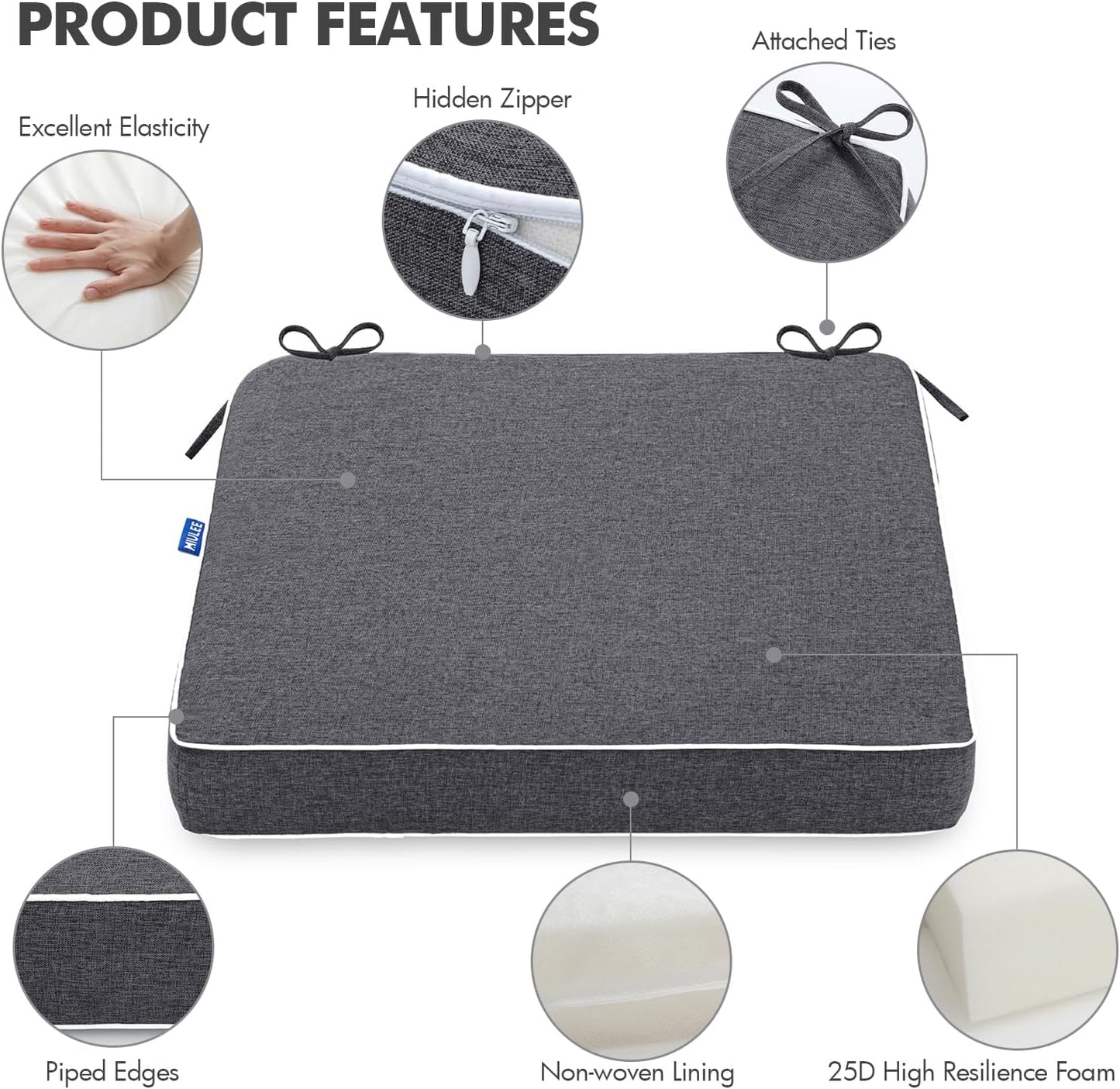 Outdoor Chair Cushions Set of 2 - 19" x 19" x 3" Waterproof Seat Cushions for Patio Furniture with Ties in Dark Grey