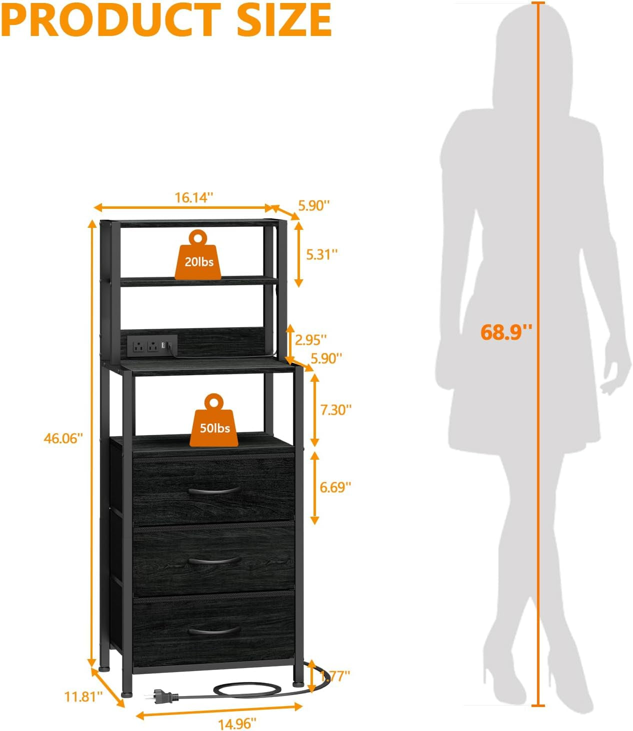 Tall Nightstand with 4-Tier Shelves, 3 Fabric Drawers, LED Charging Station, Black Oak Bedside Table for Bedroom, Hallway, and Home Office
