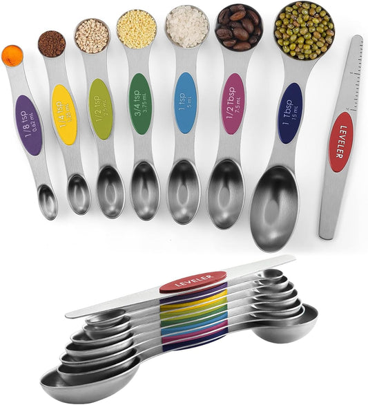 Pack of 8 Stainless Steel Magnetic Measuring Spoons Set, Dual Sided, Stackable, Adjustable Teaspoon and Tablespoon Measure Spoon with Leveler, Kitchen Gadgets