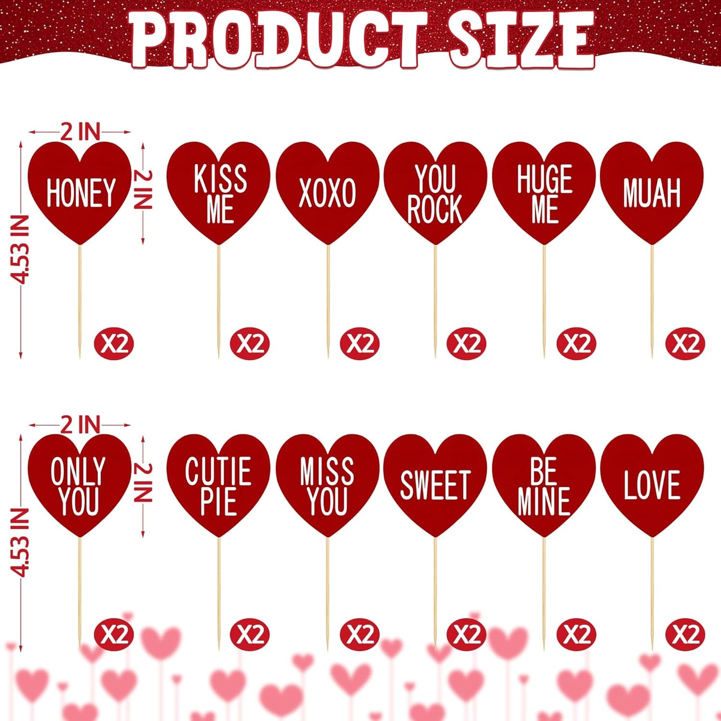 24 PCS Valentines Cupcake Toppers, 4.53 in Conversation Red Cake Toppers, "LOVE" "KISS ME" Design Heart Cupcake Toppers Valentines Day Cake Toppers, Wedding Cake Decor Valentine Cupcake Decorations