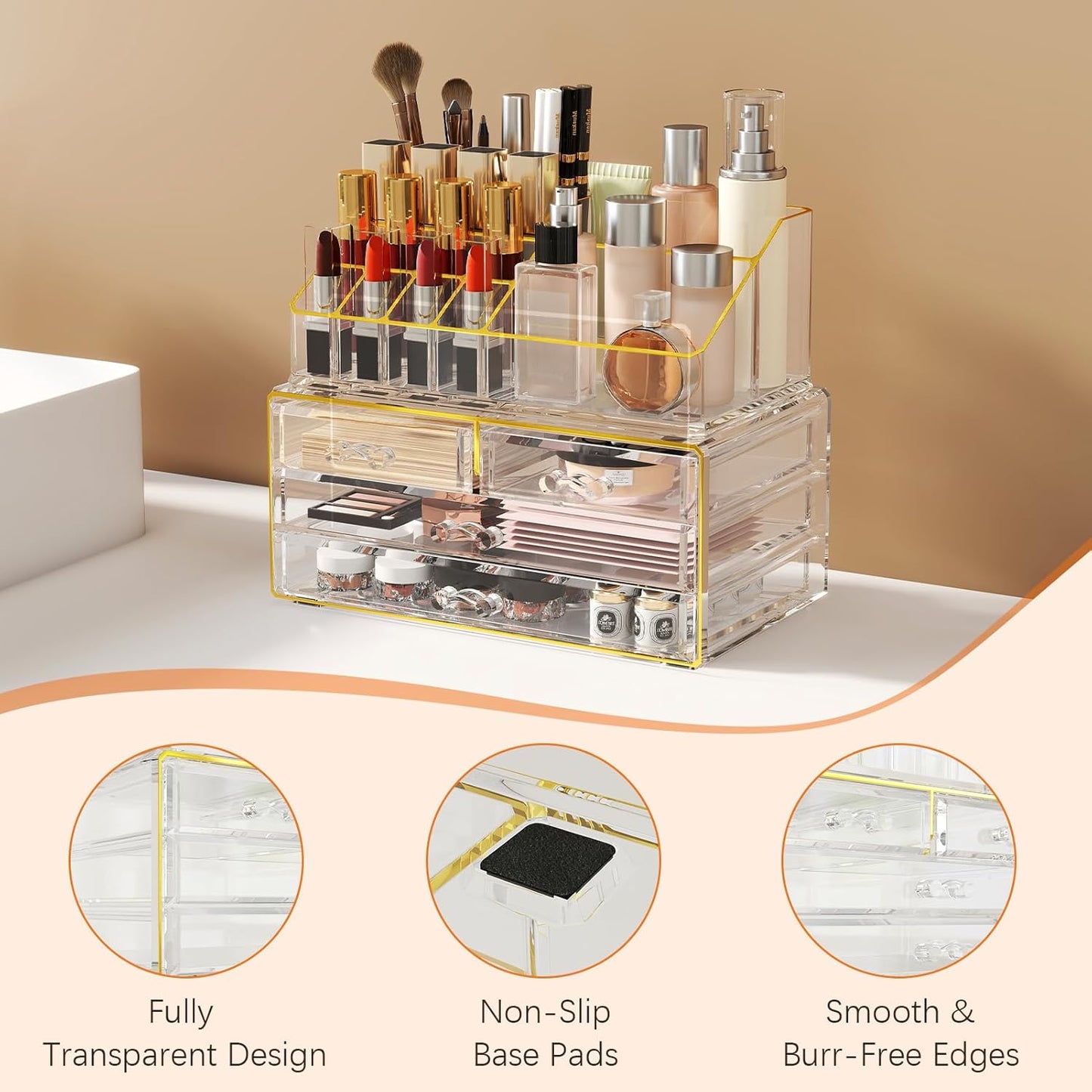 2Pc 4-Drawer Makeup Organizer Countertop Cosmetic Storage for Vanity | Bathroom | Skincare | Perfume Storage, Casual Pairing No Assembly, Ideal Gift for Women, Clear with Luxe Gold Trim