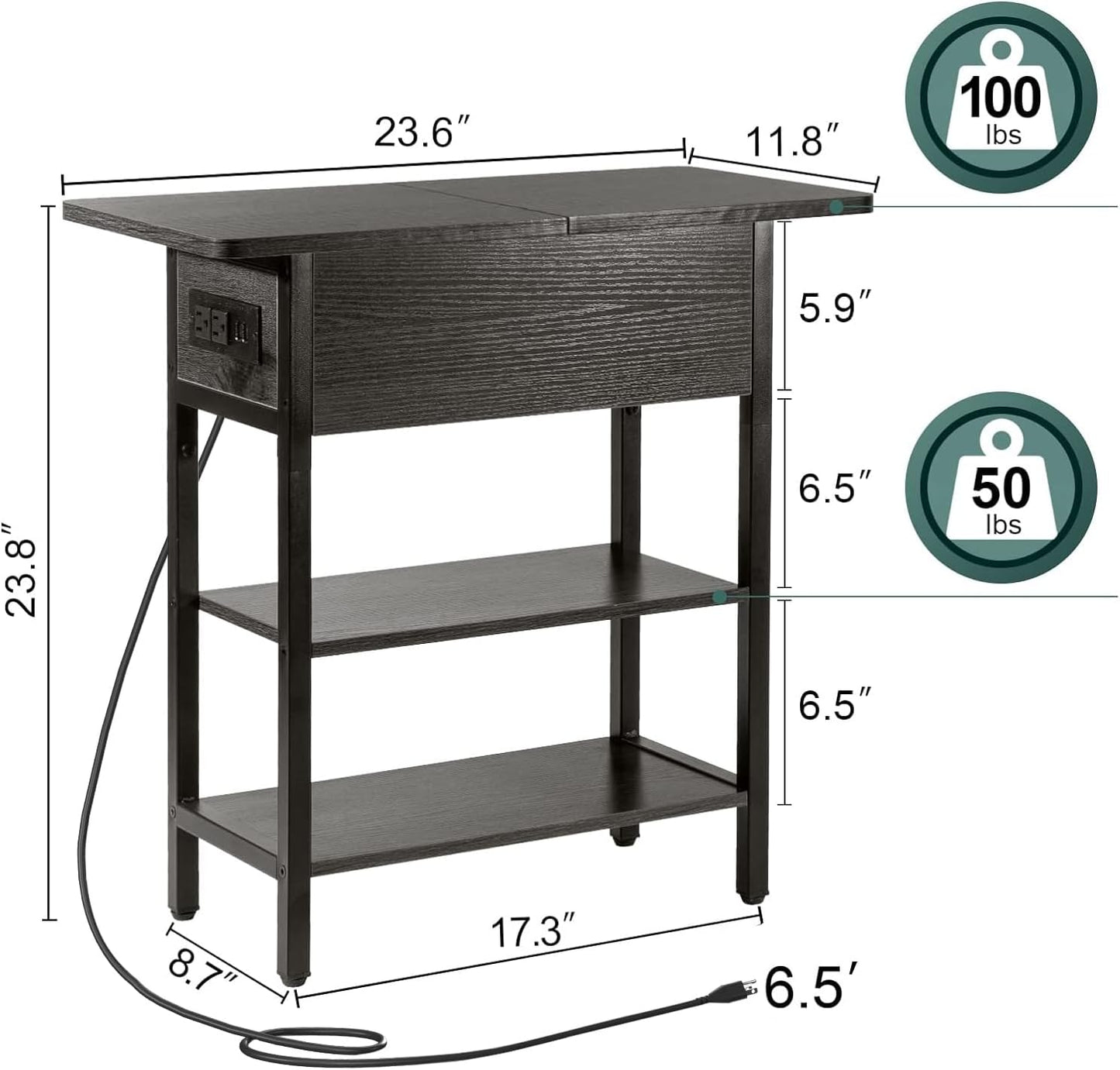 End Table with Charging Station, Flip Top Side Table with USB Ports and Outlets, Sofa Couch Table Bedside Table for Living Room Bedroom, Narrow Nightstand with Storage Shelves for Small Space