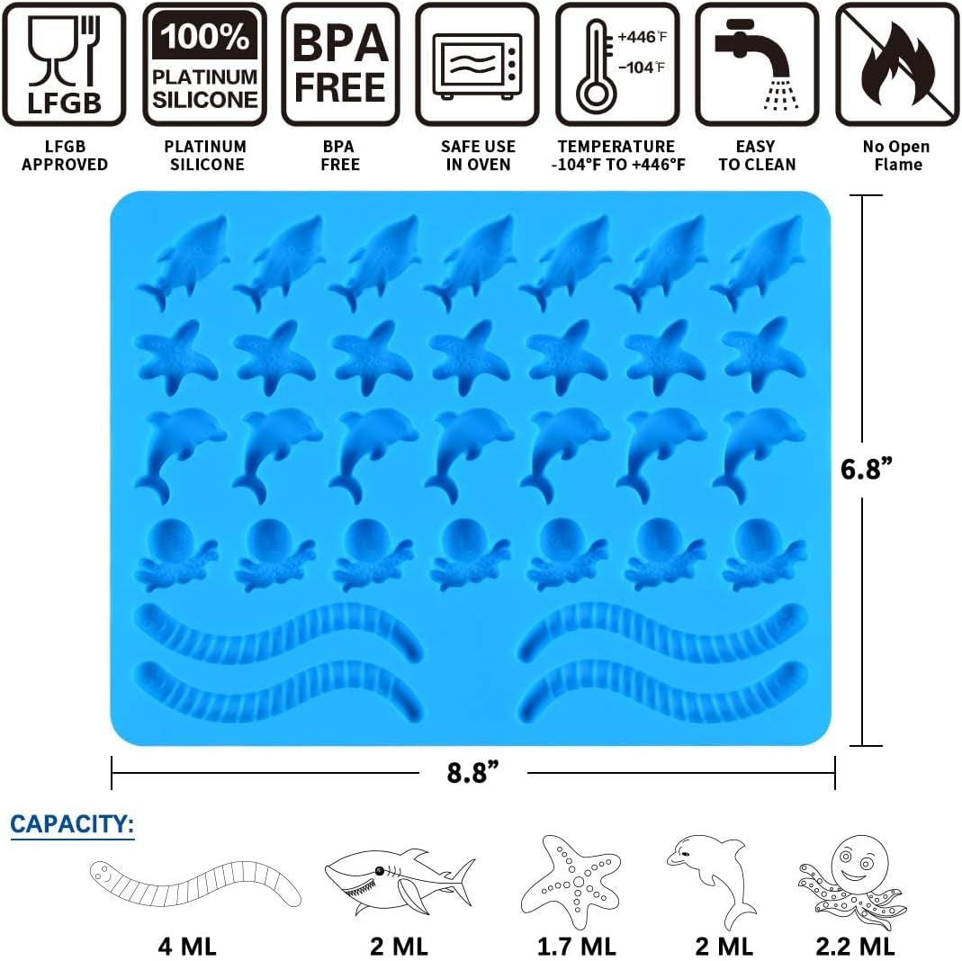 Gummy Molds Hard Candy Molds - Candy Molds Silicone Including Worms, Starfishs, Dolphins, Octopus, Sharks Sea Mold, Pinch Test Approved Pack of 3 Ocean Molds