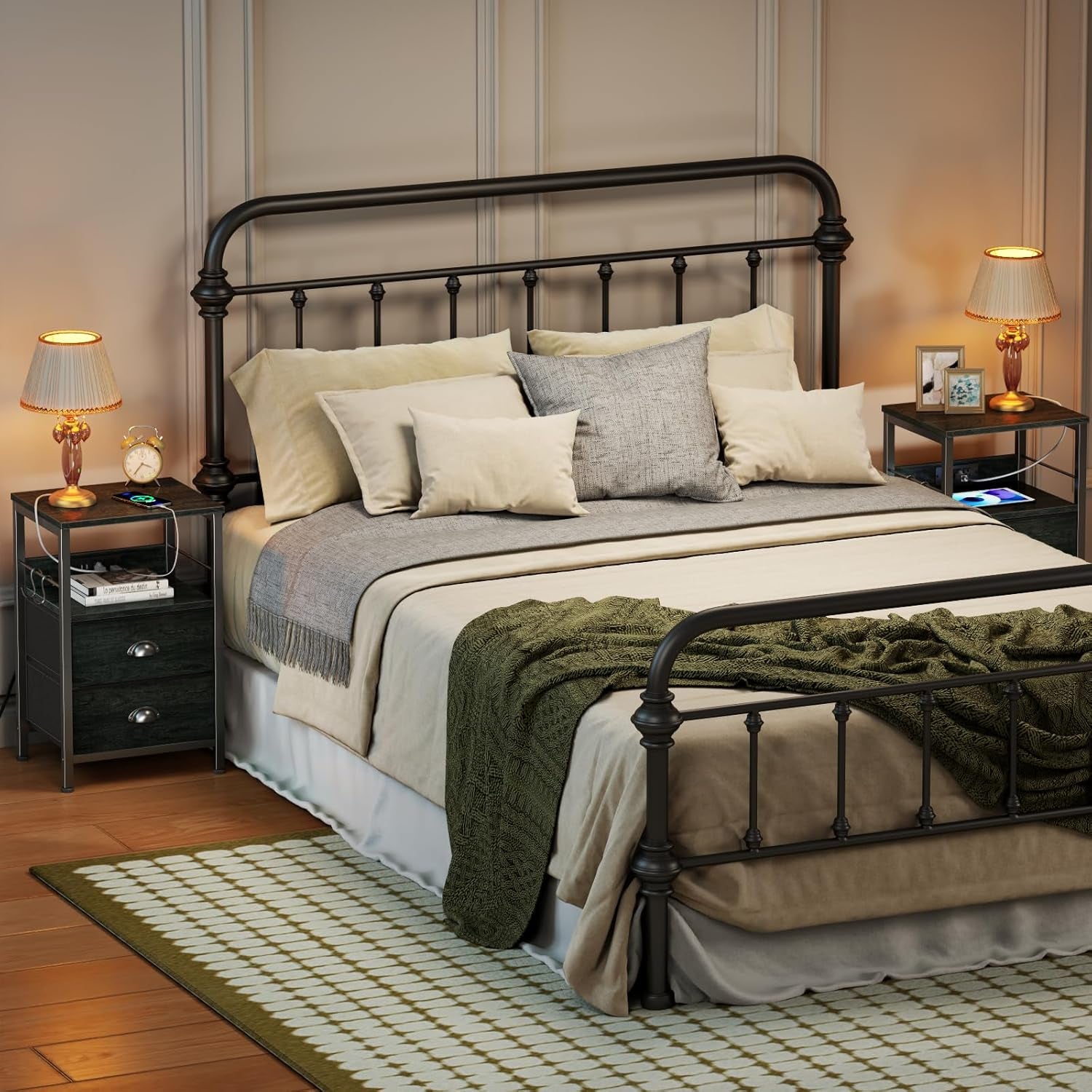 Nightstand Set of 2, Black Oak, with Charging Station and USB Ports, Side Tables with 2 Fabric Drawers, Bedside Tables with Storage Shelf & Hooks, for Living Room/Bedroom