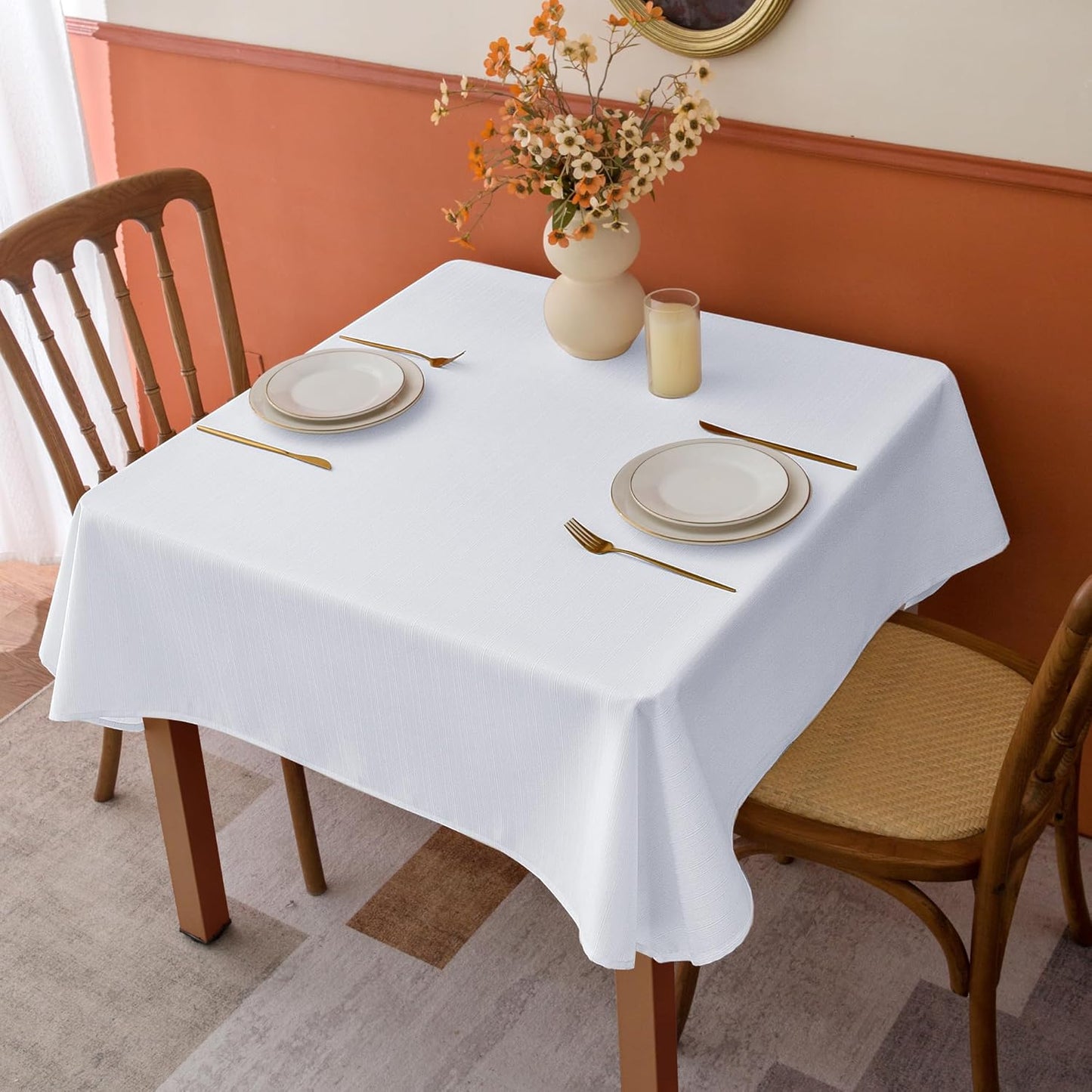 White Stripe Textured Tablecloth Set, 2 Pack - 54 x 54 Inches - Stain-Resistant and Washable Square Table Covers for Events, Banquets, and Weddings