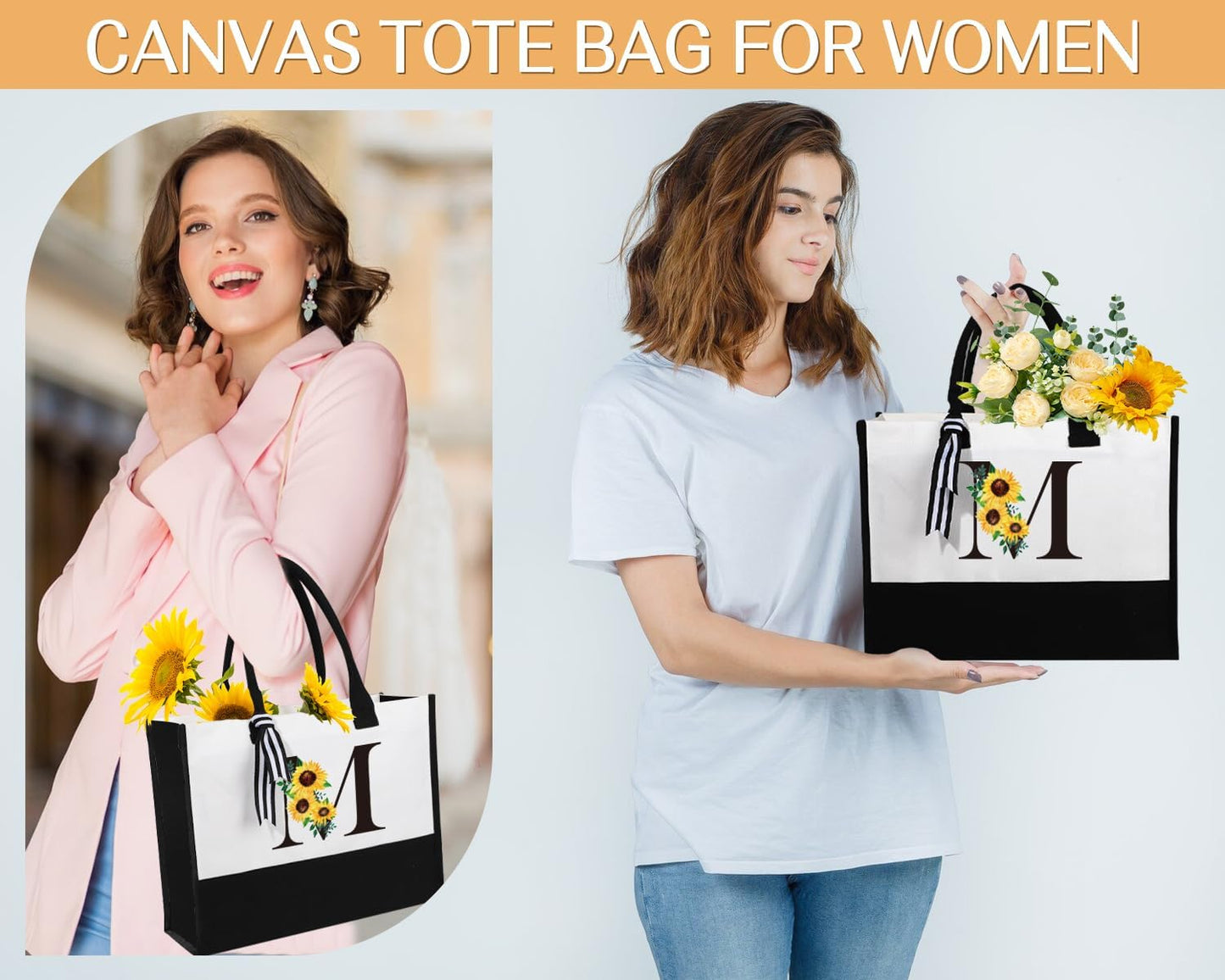 Personalized Gifts for Women, Monogrammed Gifts for Women, Initial Monogram Gift Sunflower Birthday Gift for Mom Sister Best Friends - Monogrammed Canvas Tote Bag & Makeup Bag & Glass Cup M