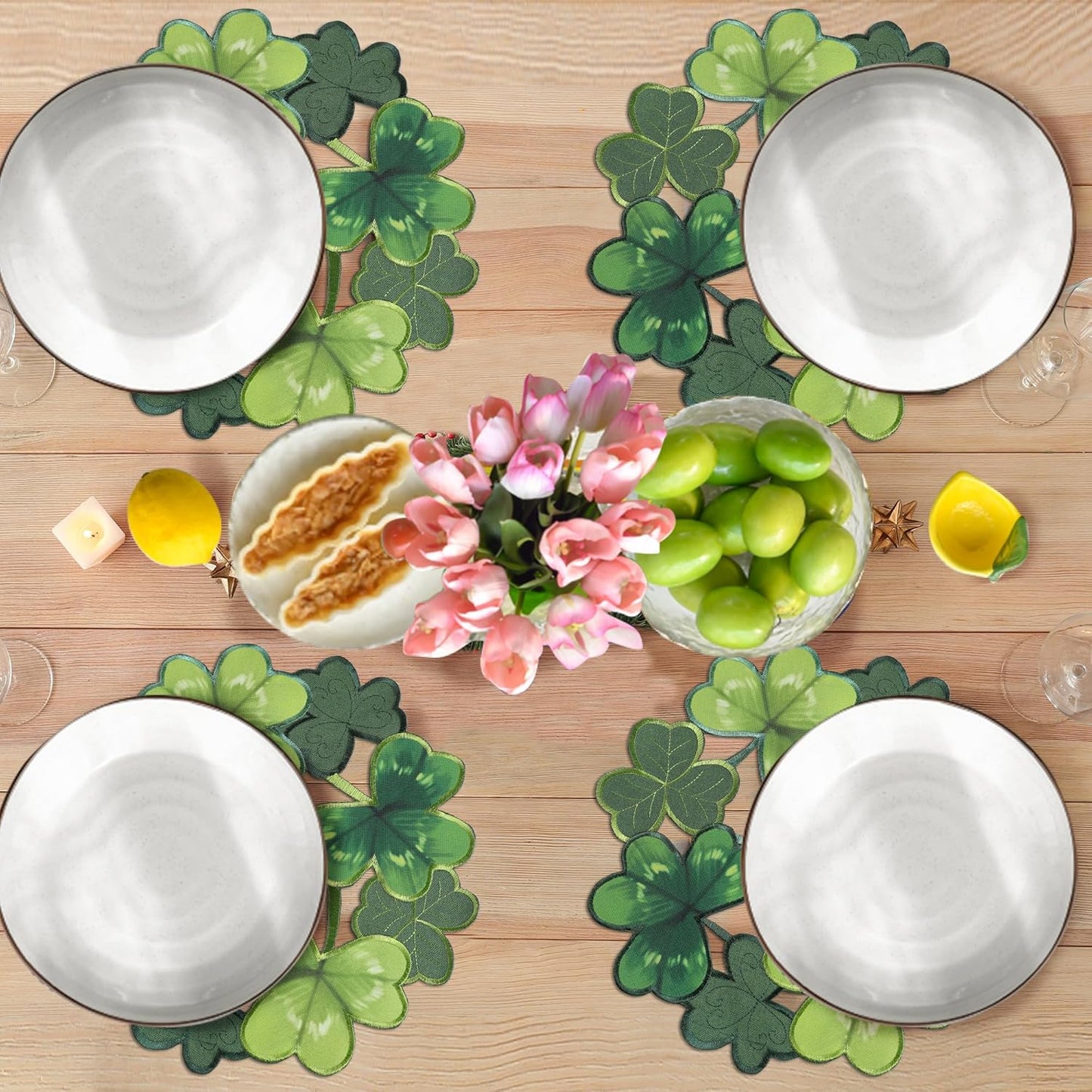 St. Patrick'S Day Placemats Set of 4, round Placemats Applique Embroidered Cutwork Spring Placemats with Irish Clover for Dining Irish Shamrock Spring Festival Tabletop Decor (15"RD, 4Pcs)