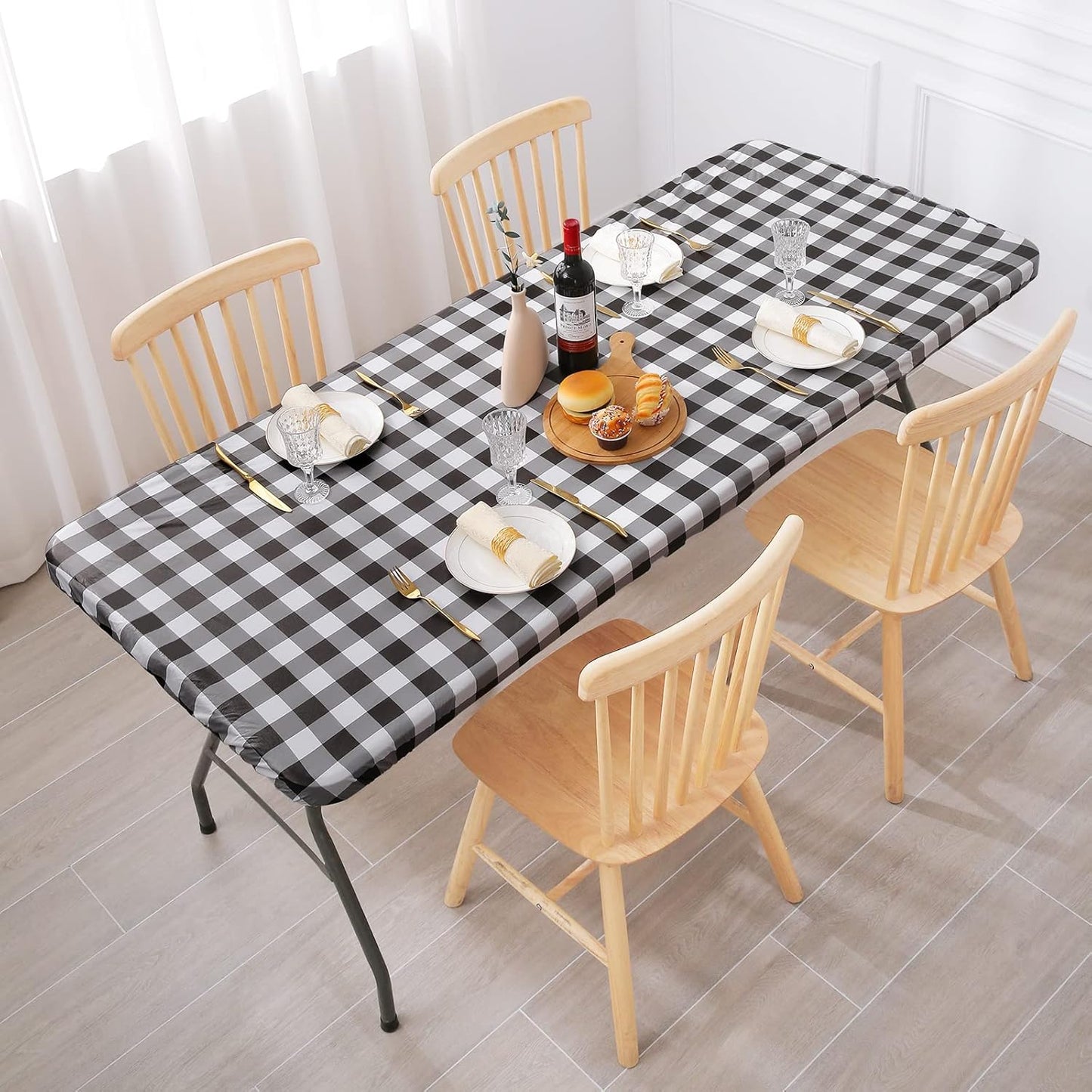 Waterproof Fitted Vinyl Tablecloth, Buffalo Plaid 6FT Table Cover and 4FT in Black and White, 2 Item Bundle