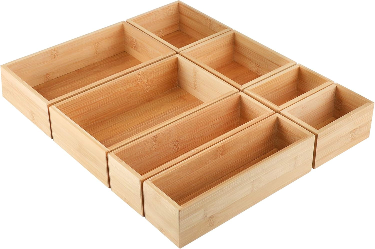 8 Pcs Bamboo Drawer Organizer Utensil Tray Kitchen Storage Box 4-Size Versatile Dividers Cutlery Holders Bins Containers for Flatware Kitchen Utensils